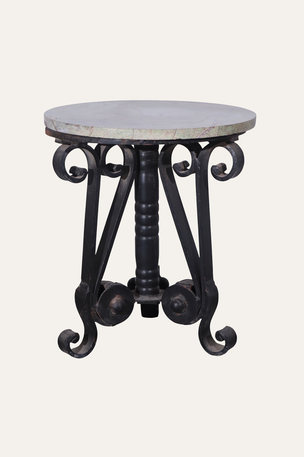 Dual Toned Round Marble-Top Side Table with Metal Base