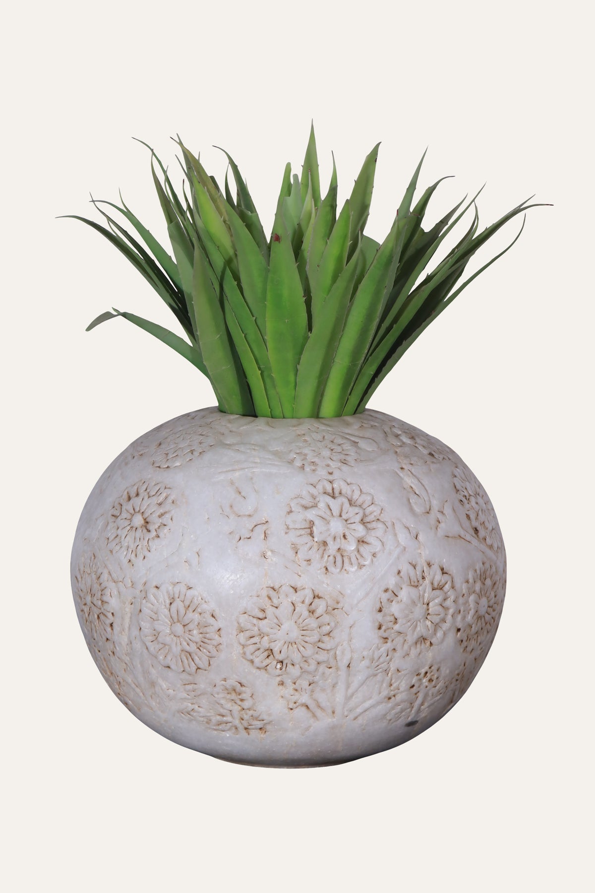Carved Floral Motif Marble Planter for Patios and Entryways