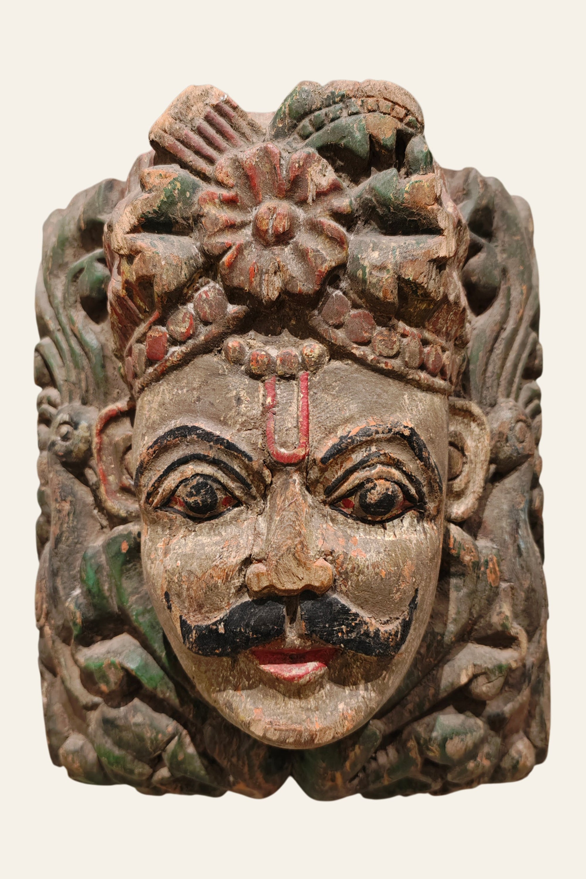 Carved Wooden Indian King Mask Wall Decor in Distressed Finish