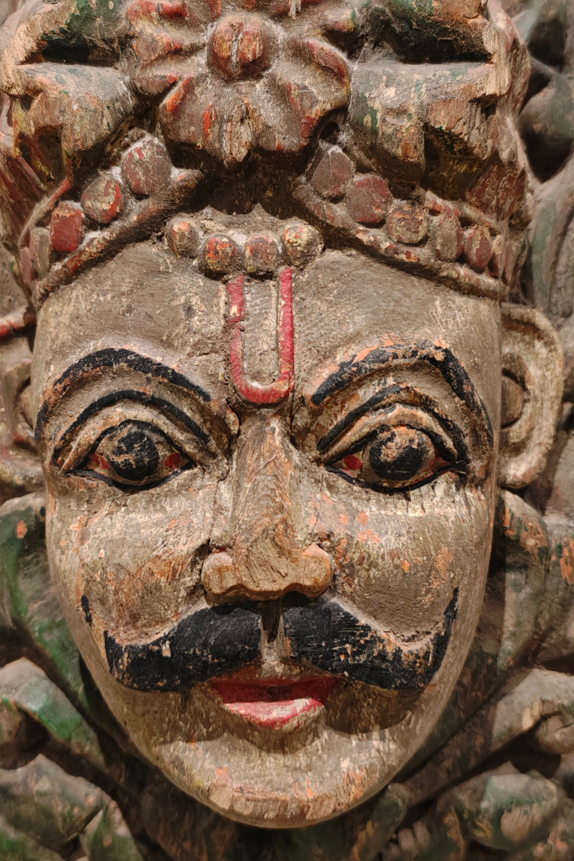 Carved Wooden Indian King Mask Wall Decor in Distressed Finish