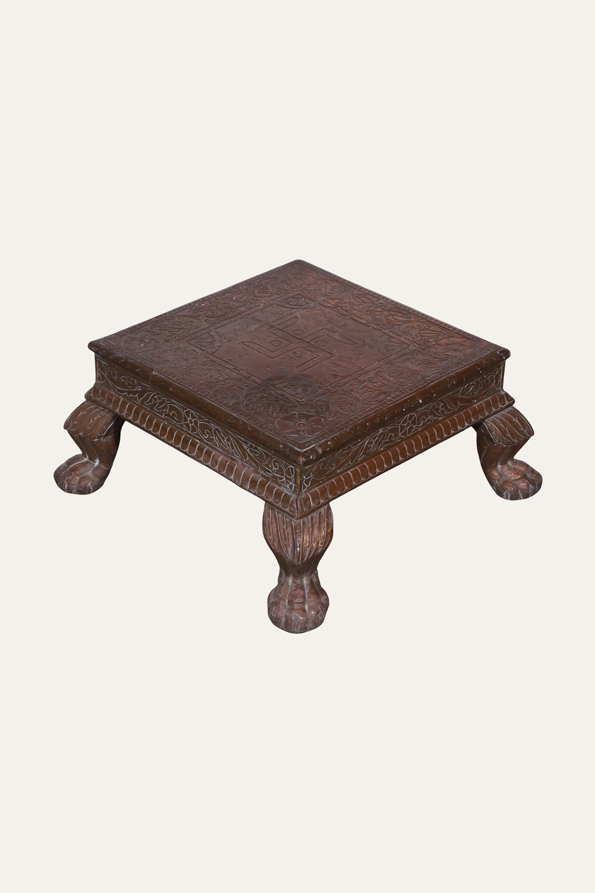Traditional Carved Chowki Style Table with Sculpted Legs for Pooja Rooms