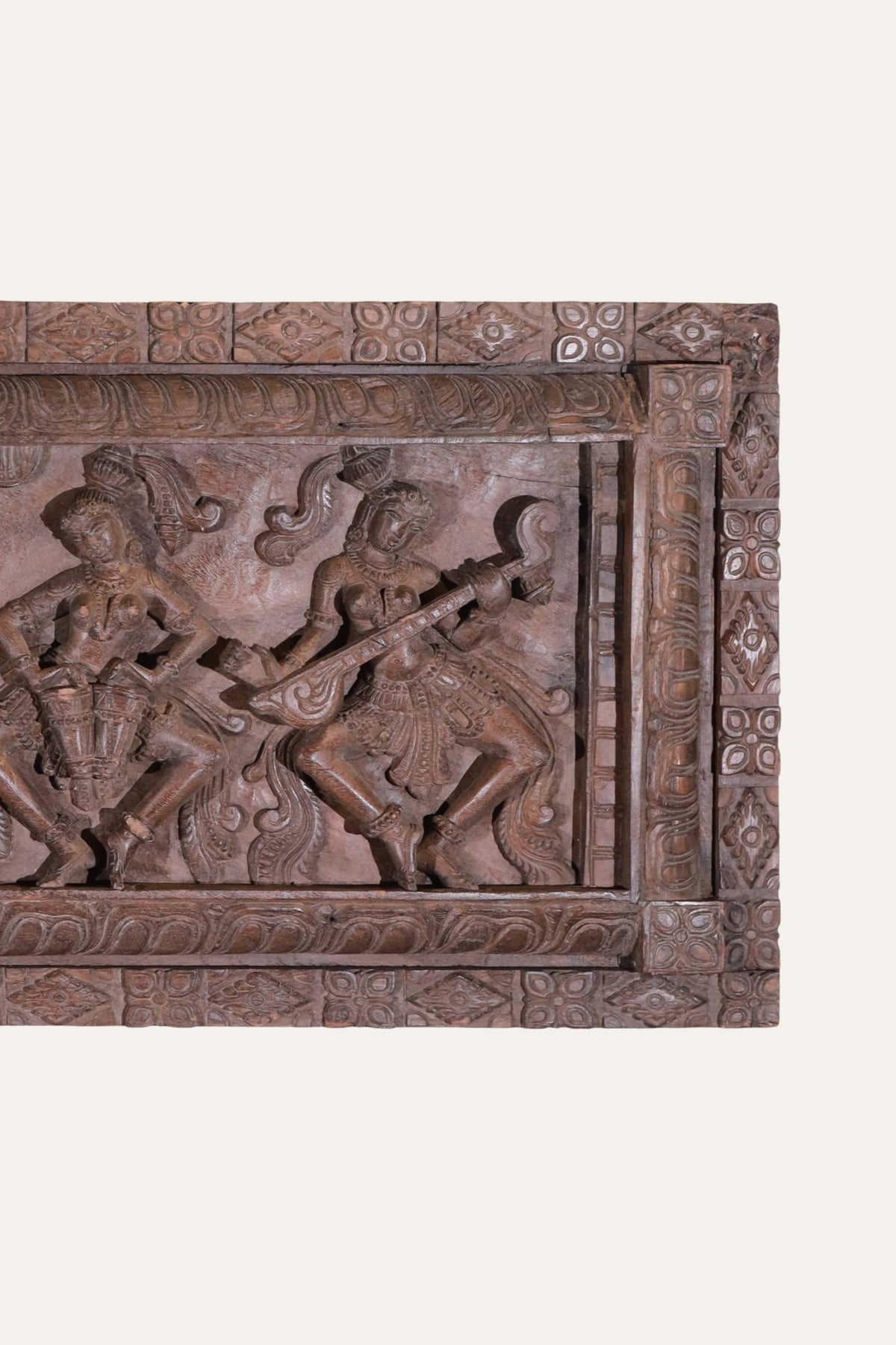 Hand-Carved Horizontal Dancing Apsaras Wooden Wall Panel