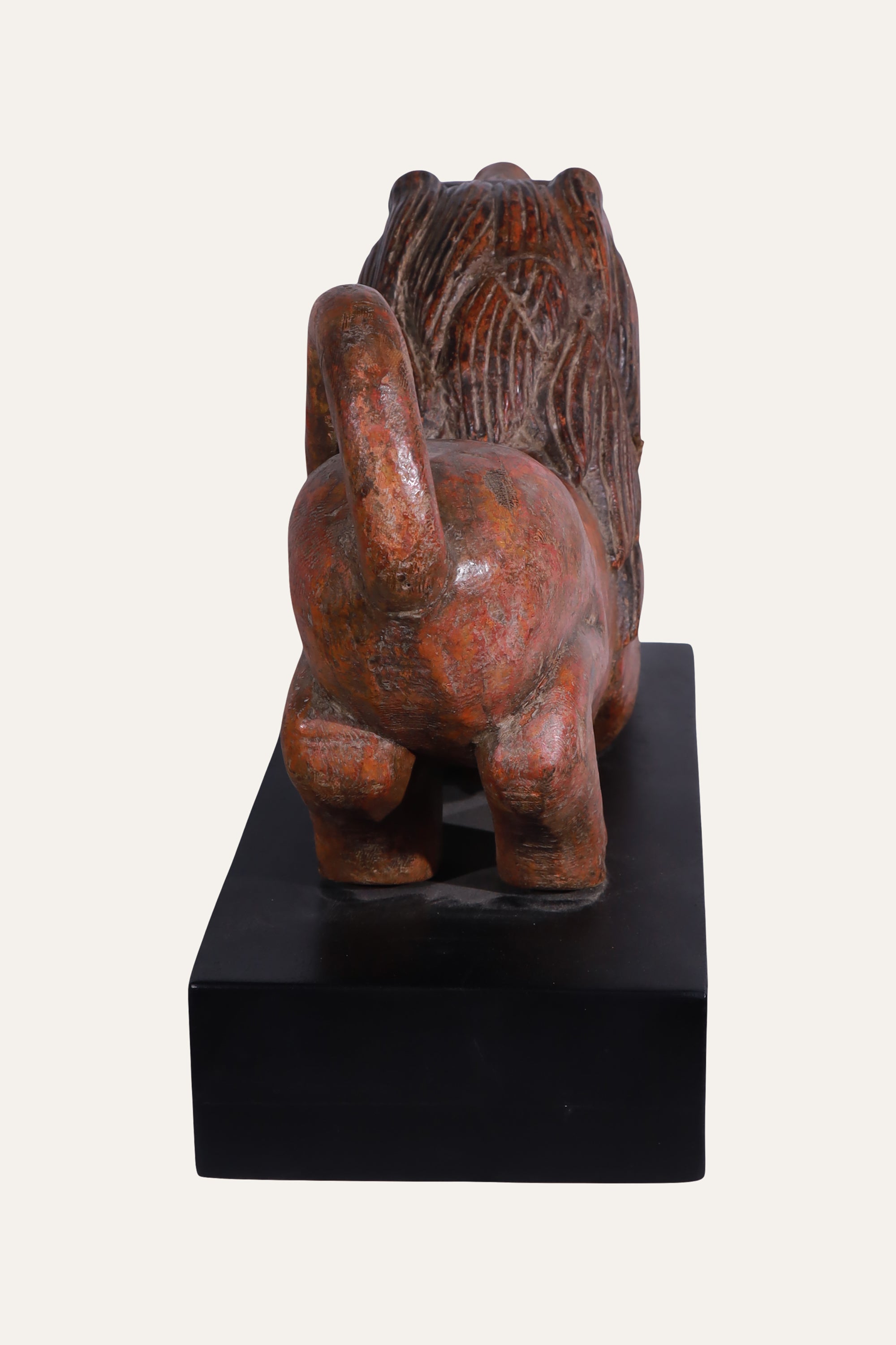 Hand-Carved Wooden Lion Sculpture in Distress Finish
