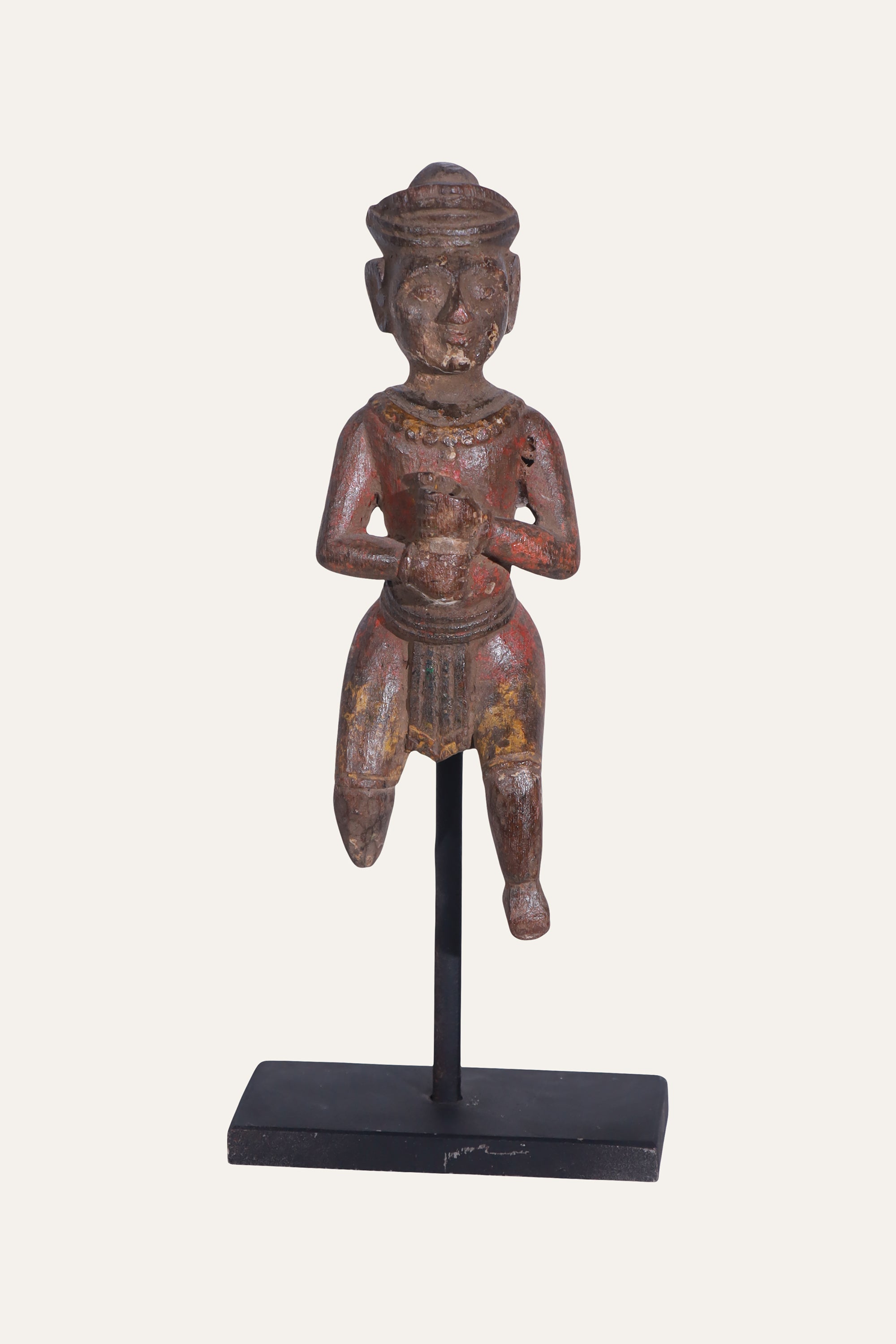 Indian Wooden Ethnic Man Figurine on Museum-style Stand