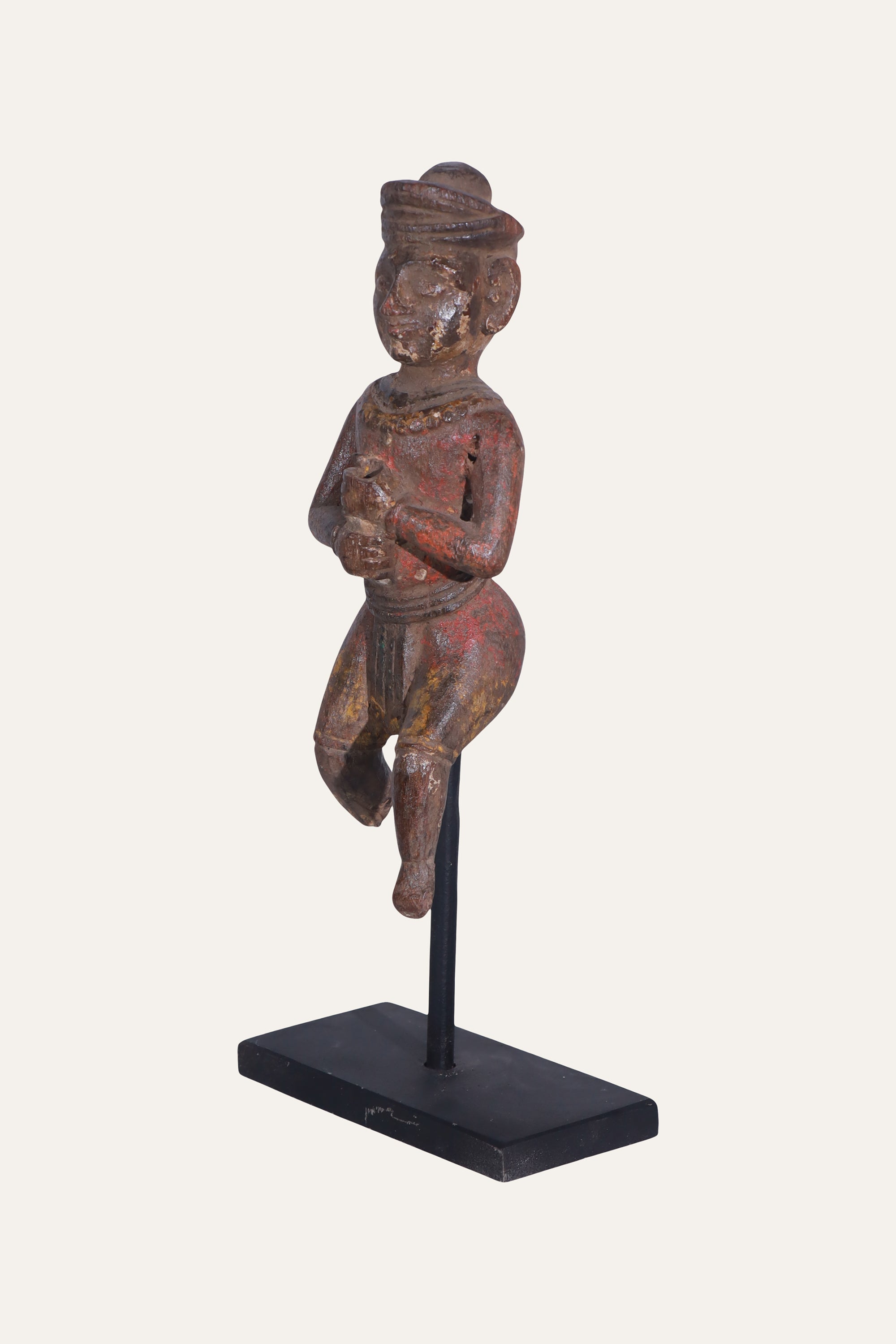 Indian Wooden Ethnic Man Figurine on Museum-style Stand