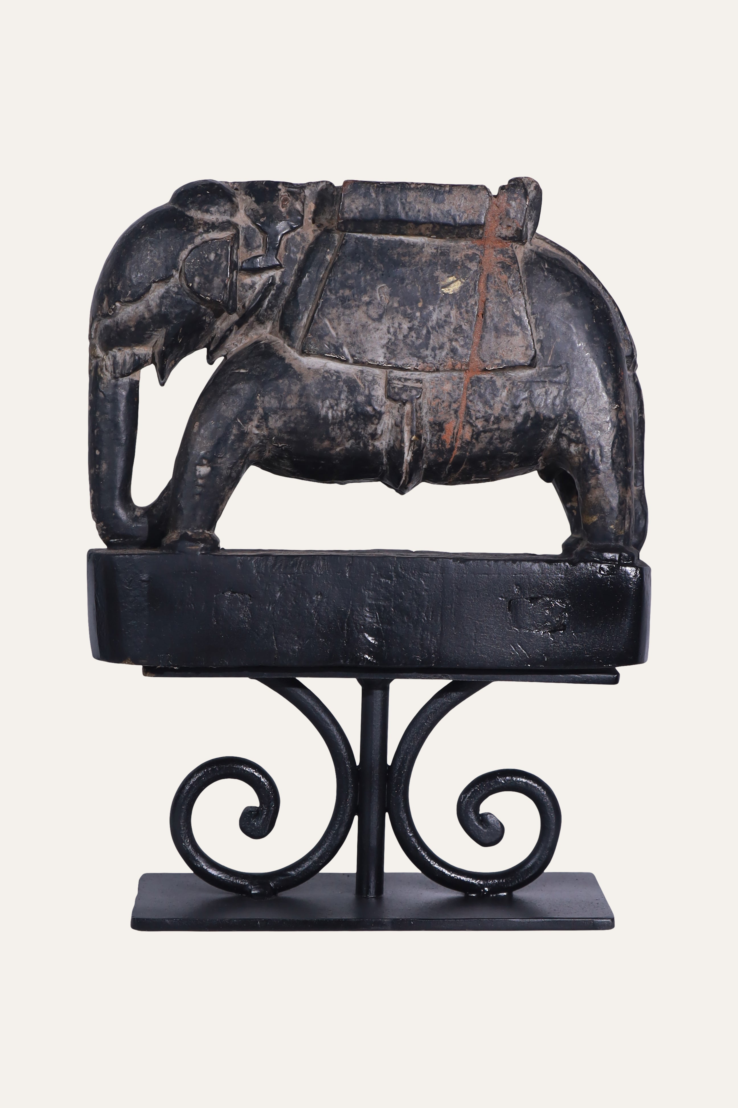 Carved Black Elephant Panel on Stand for Console & Table Decor
