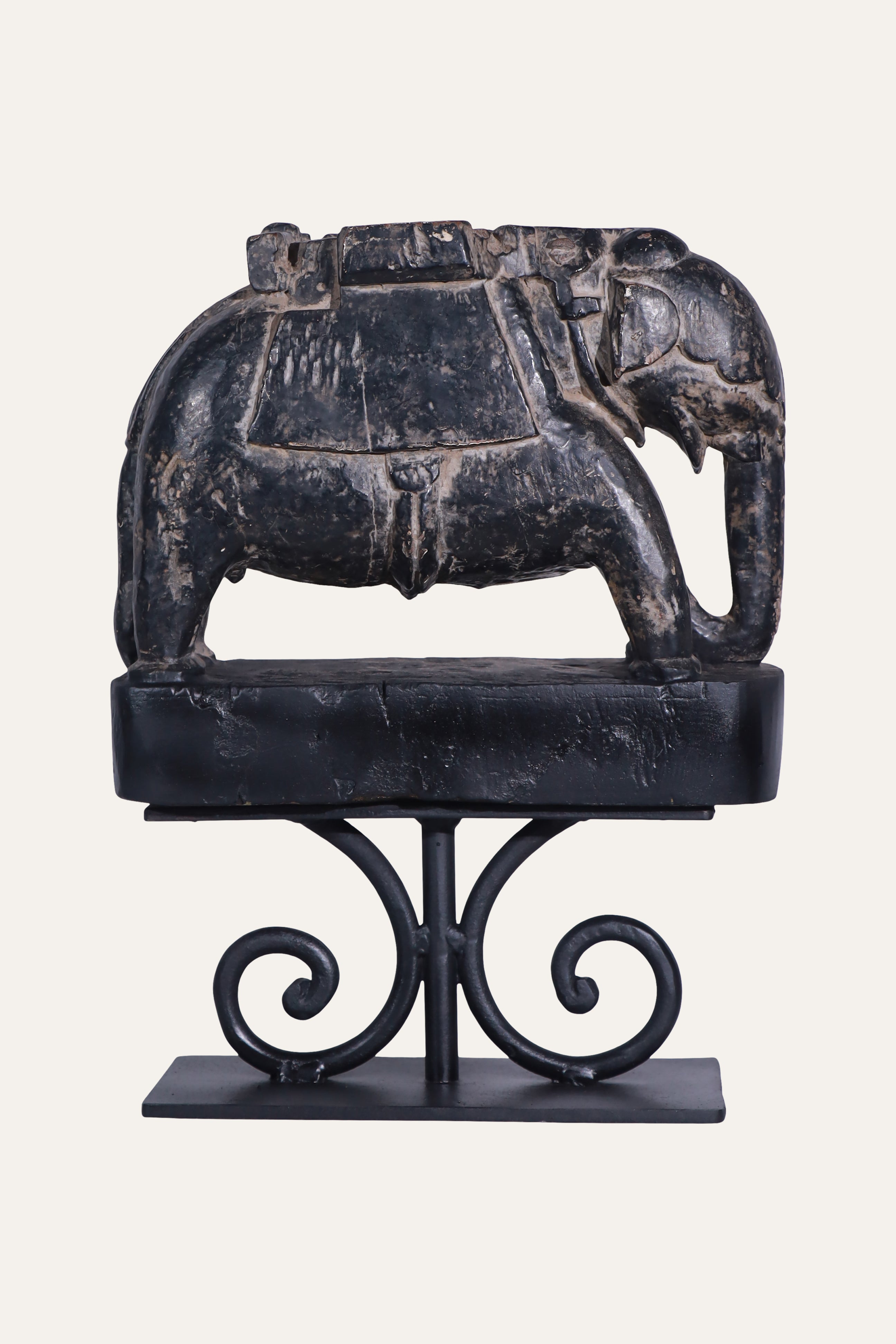 Carved Black Elephant Panel on Stand for Console & Table Decor