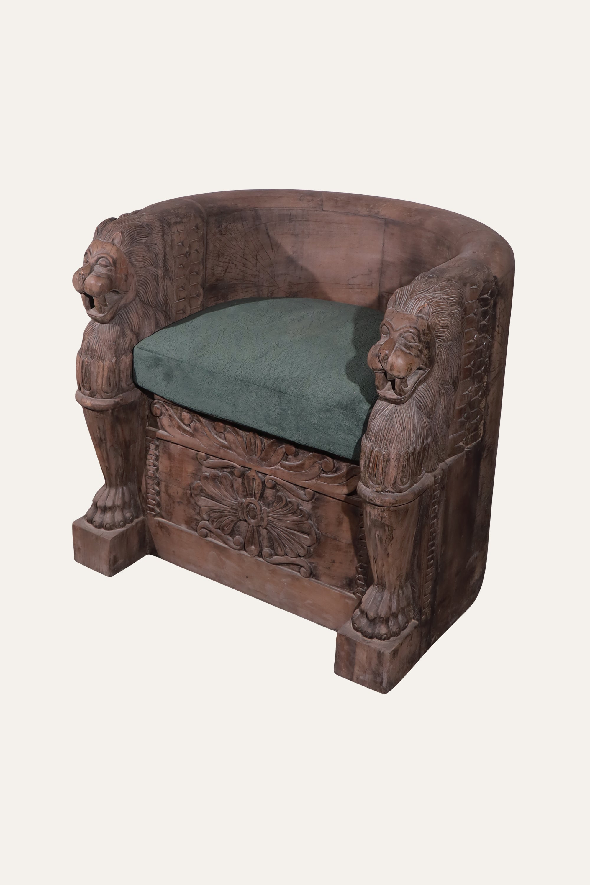 Hand-Carved Wooden Upholstered Barrel Chair with Lion Armrests.
