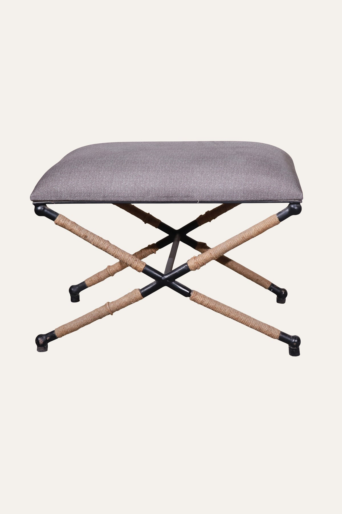 Grey Upholstered X-Base Stool with Rope-Wrapped Metal Frame