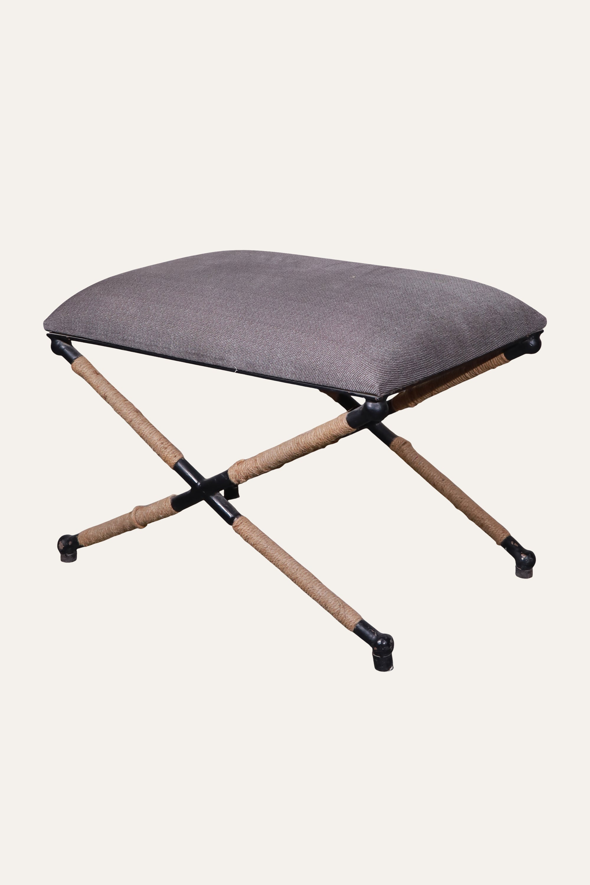 Grey Upholstered X-Base Stool with Rope-Wrapped Metal Frame