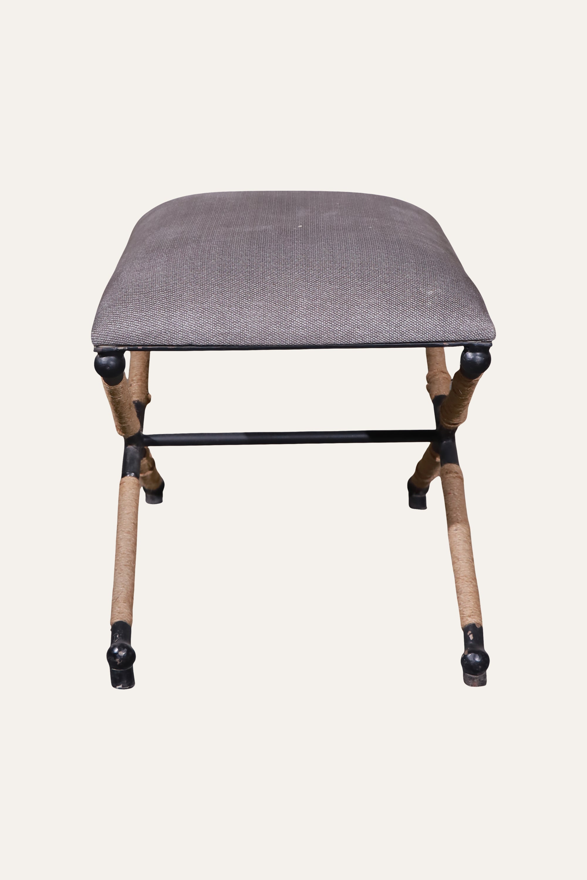Grey Upholstered X-Base Stool with Rope-Wrapped Metal Frame
