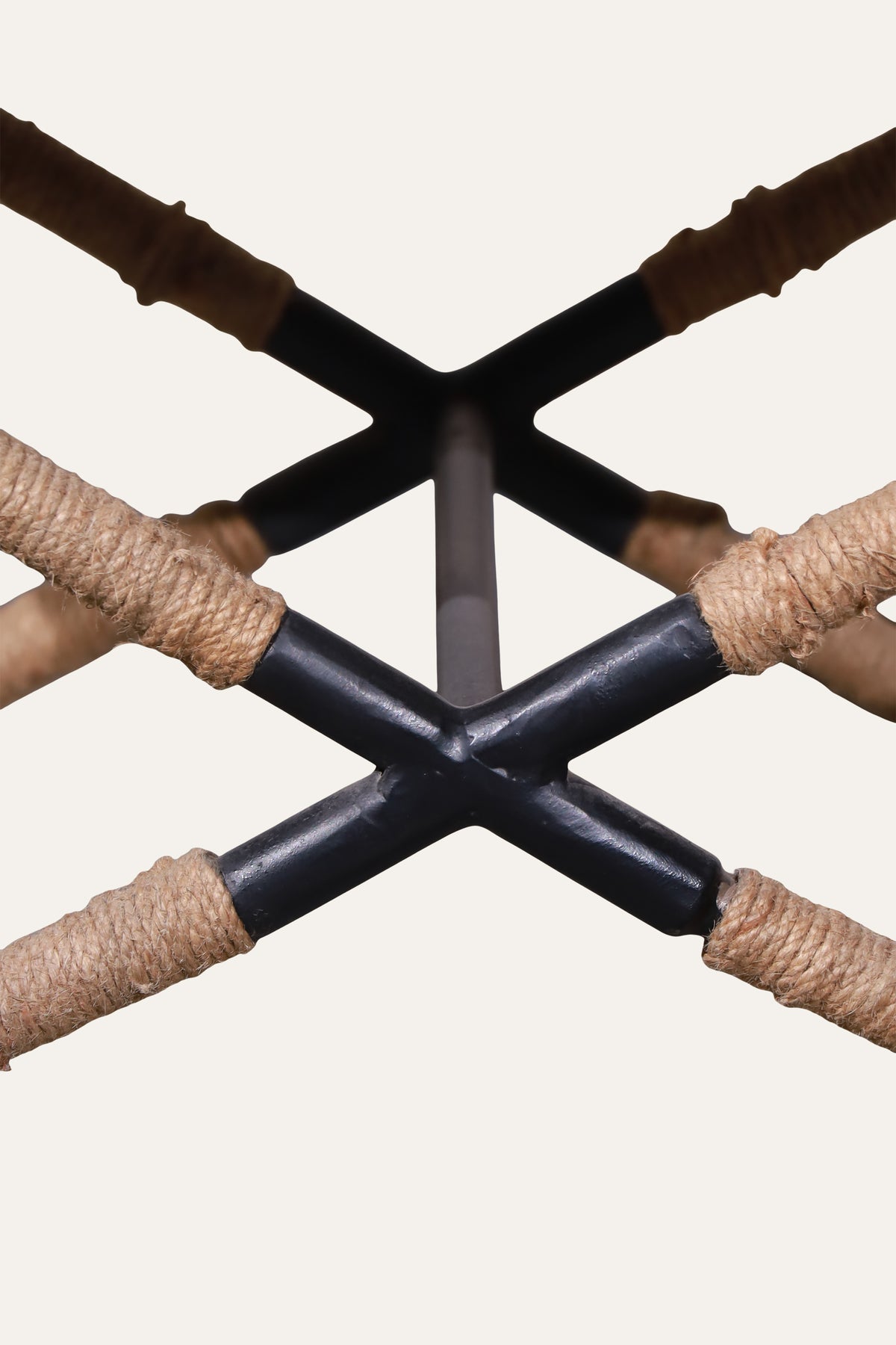 Grey Upholstered X-Base Stool with Rope-Wrapped Metal Frame