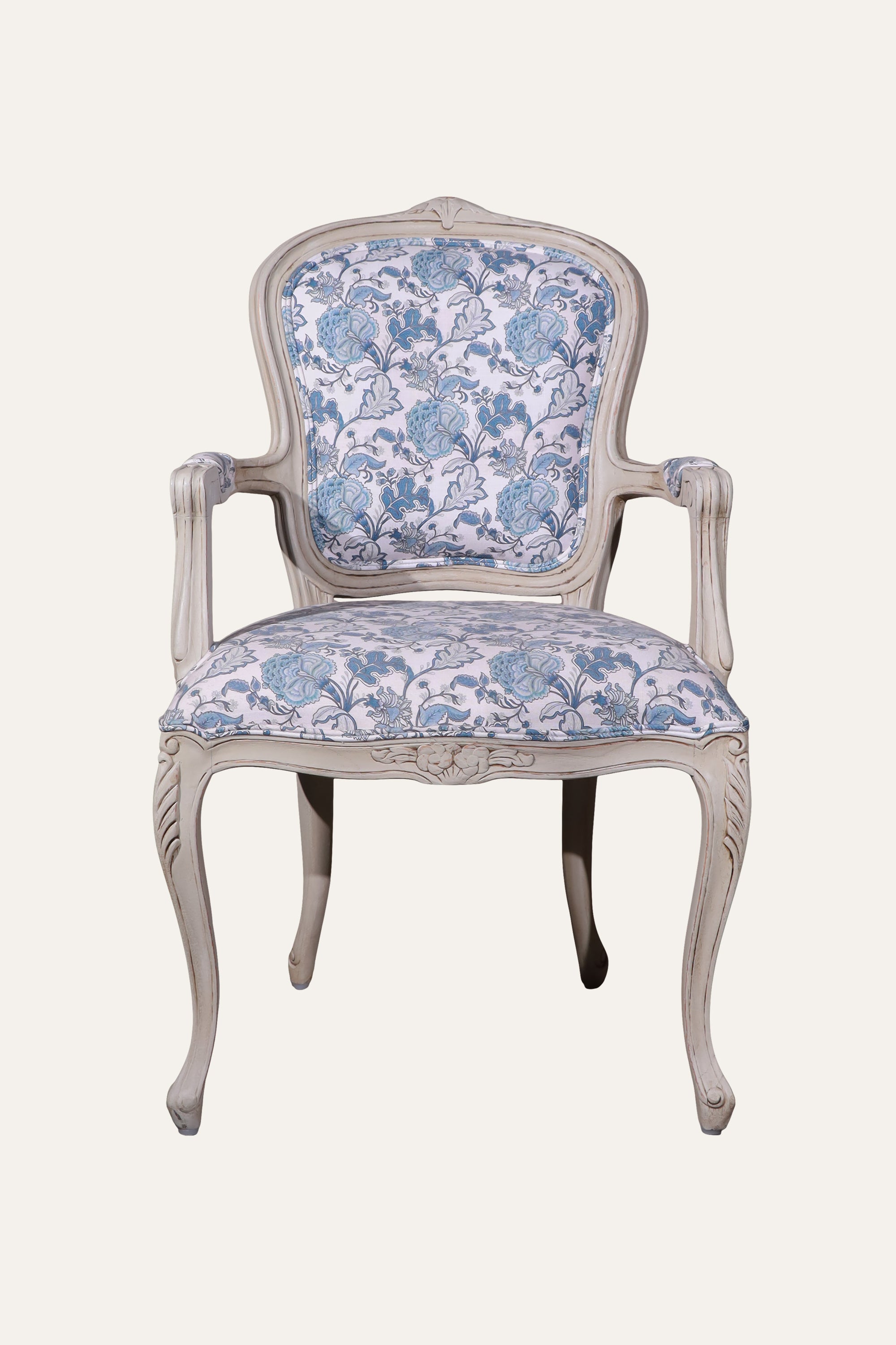 Blue French Style Floral Upholstered Armchair with Carved White Wood Frame