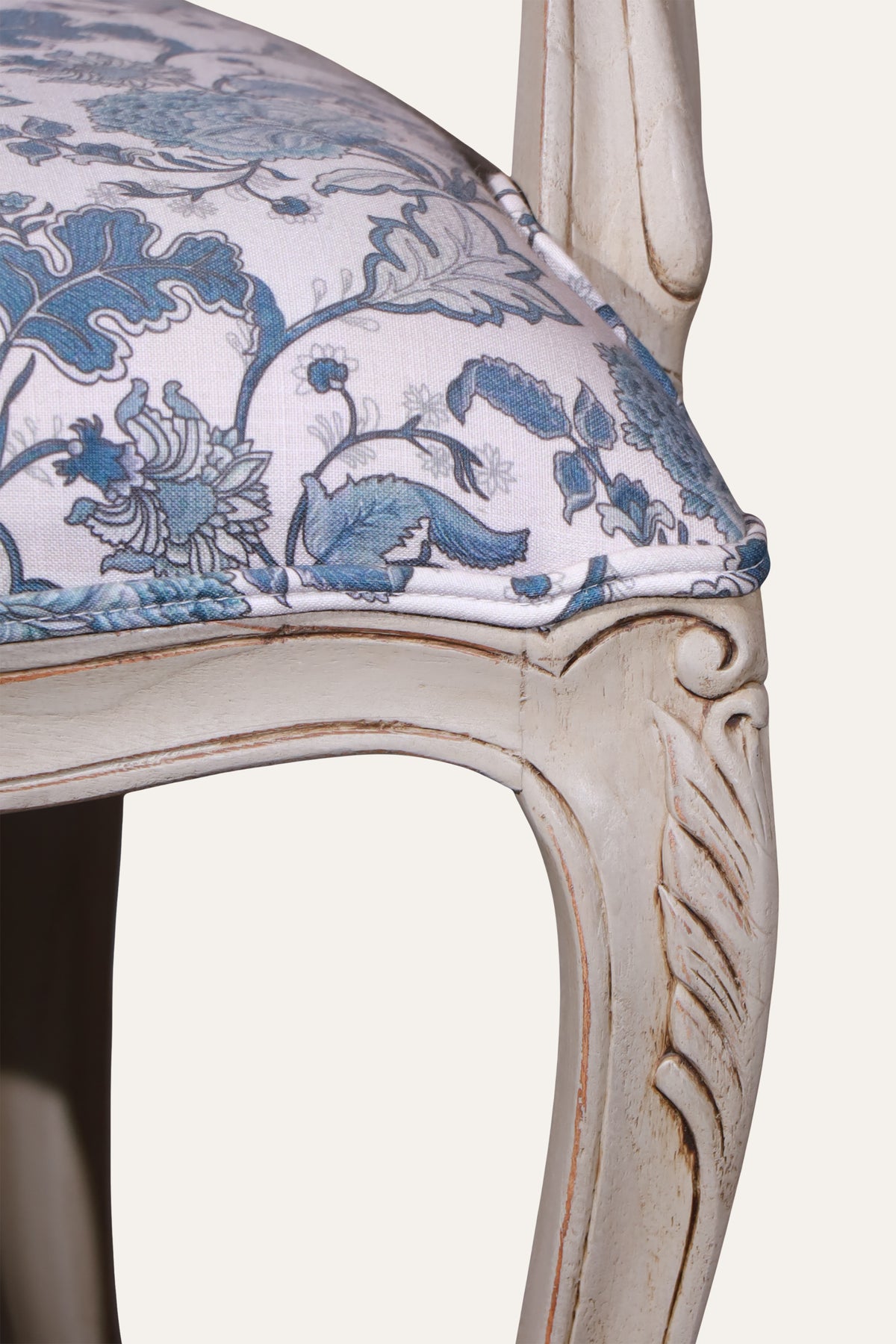 Blue French Style Floral Upholstered Armchair with Carved White Wood Frame