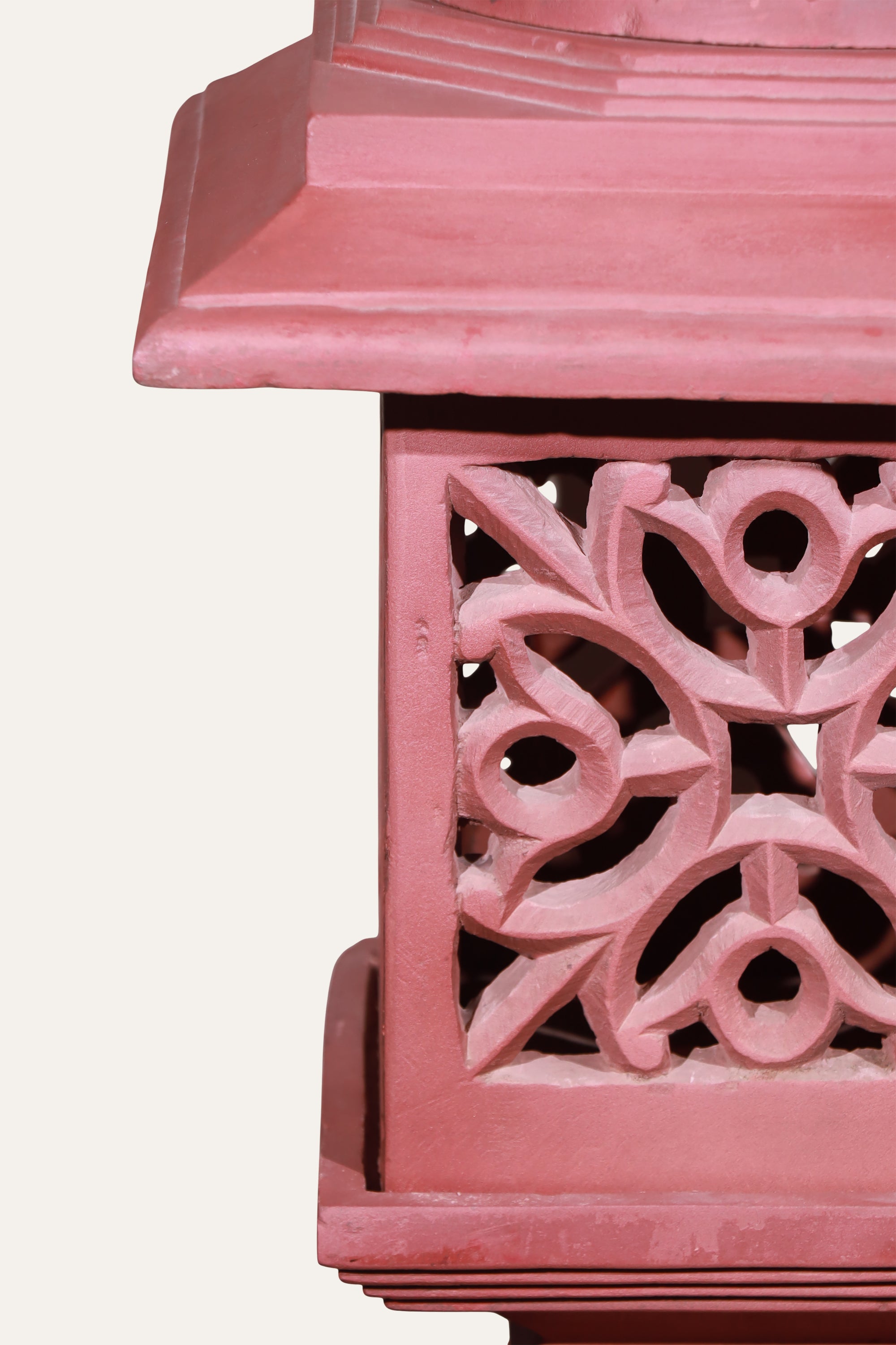 Tall Rajasthani Style Pink Carved Garden Lamp with Jali Panels