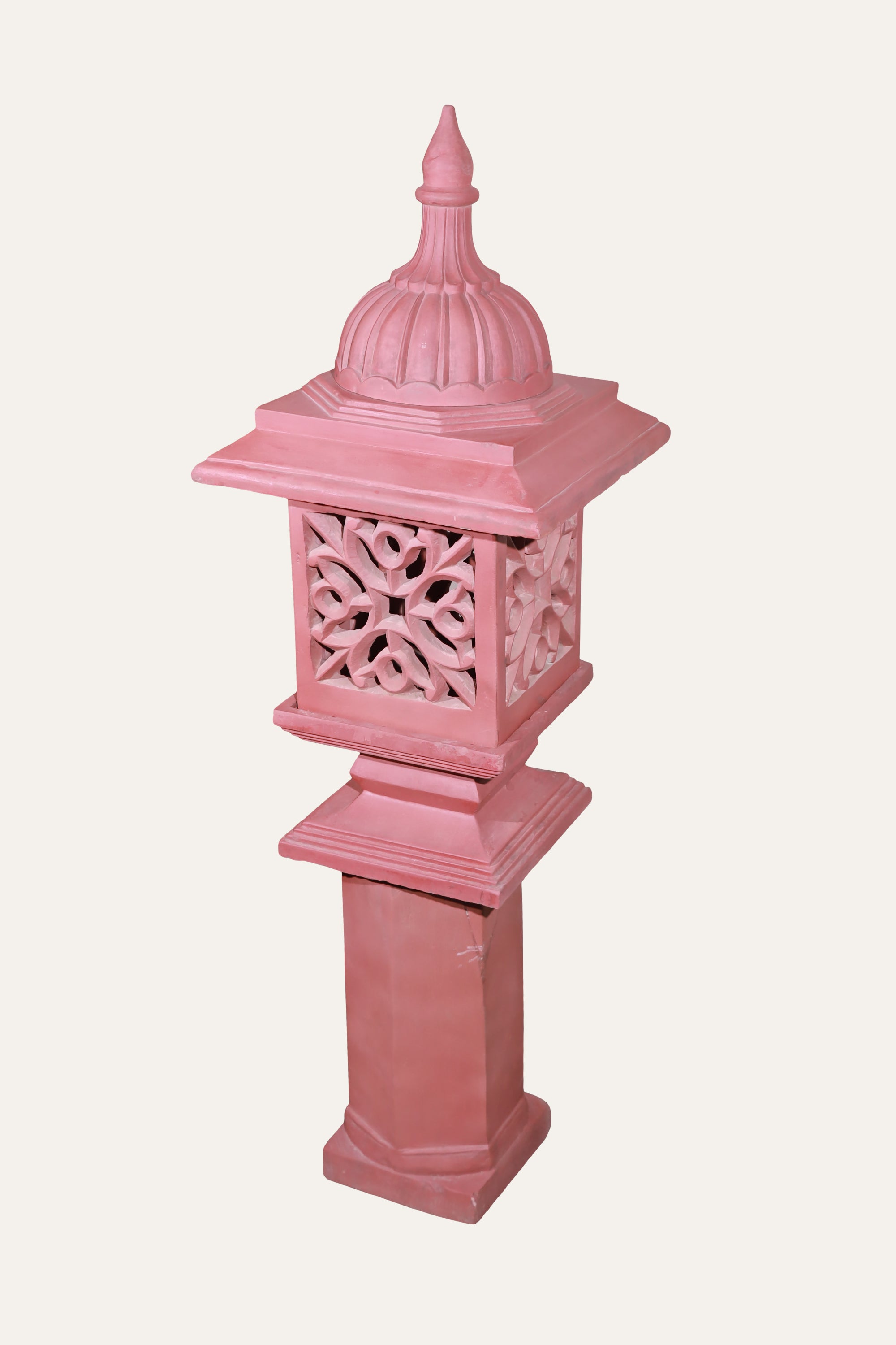 Tall Rajasthani Style Pink Carved Garden Lamp with Jali Panels