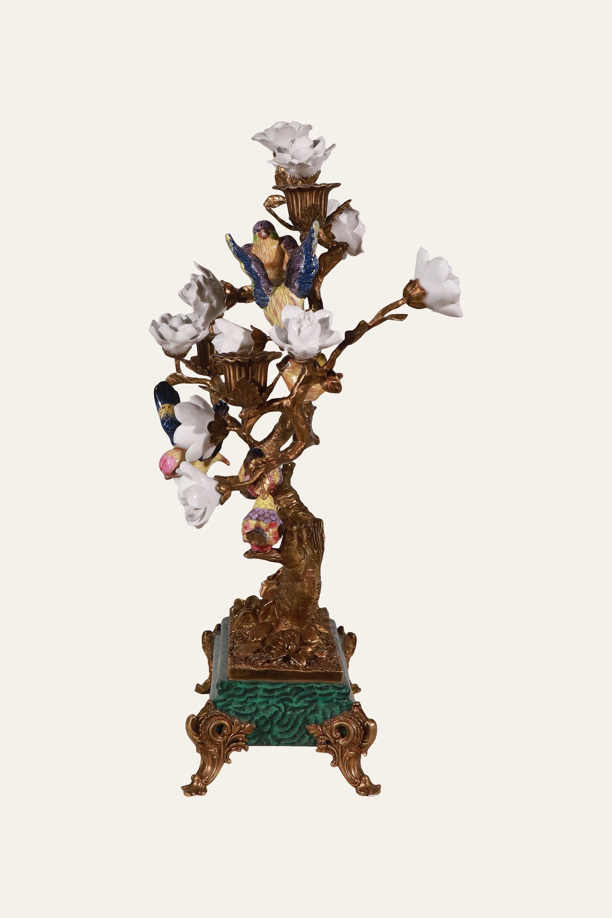 Flowering Tree Candleholder with Songbirds & White Blossoms