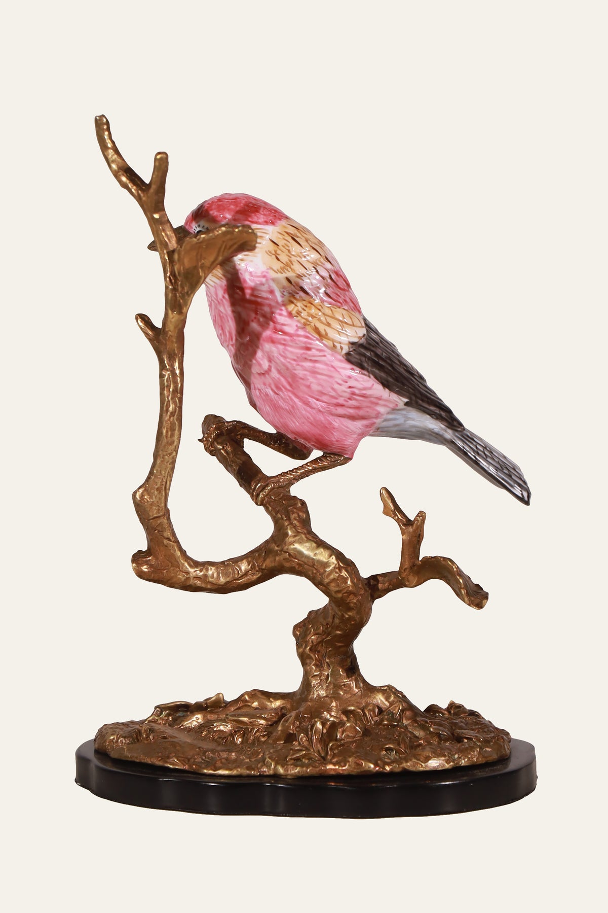 Pink Porcelain Bird Figurine on Sculpted Branch