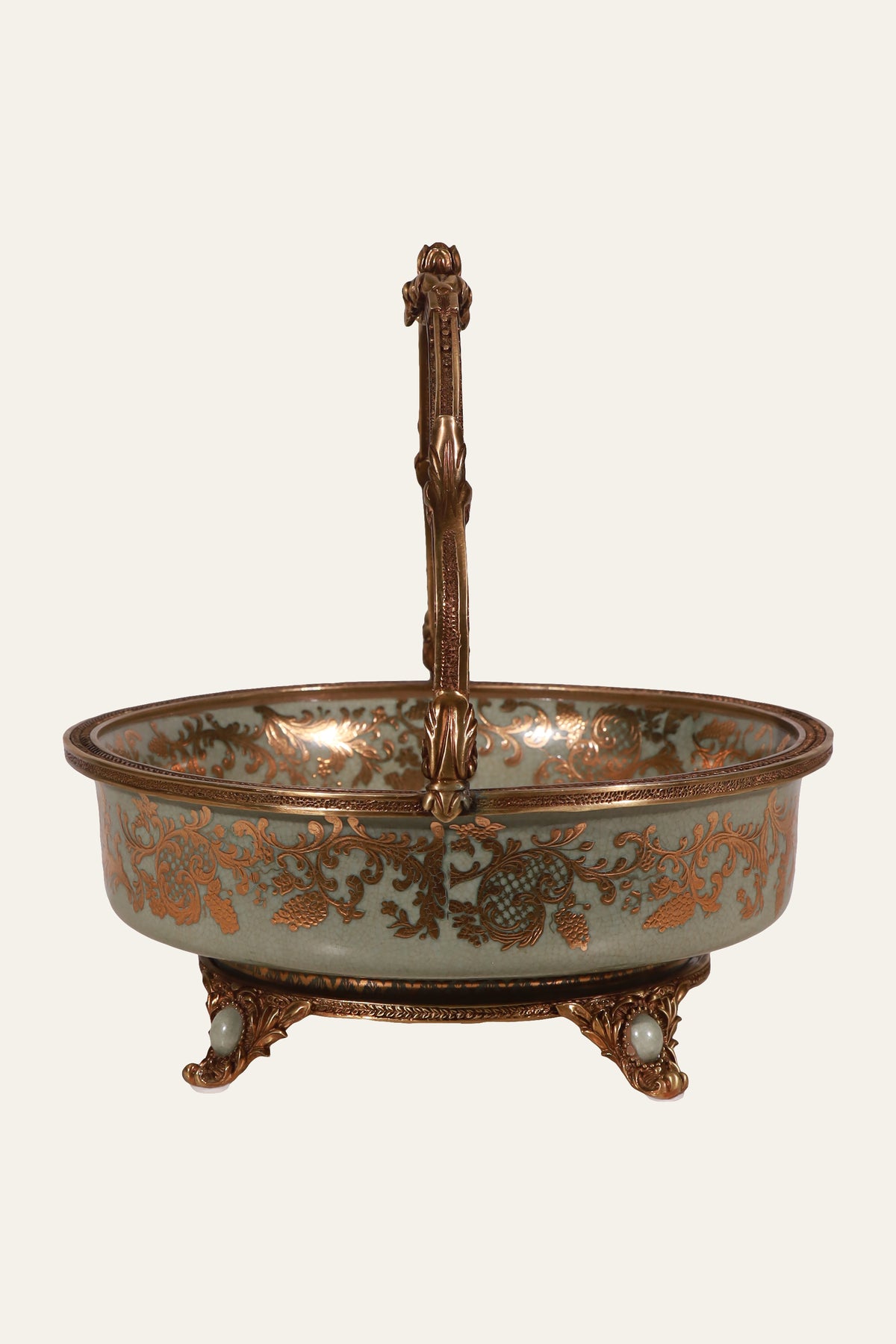 Sage Green Floral & Foliage Porcelain Bowl with Sculpted Handles