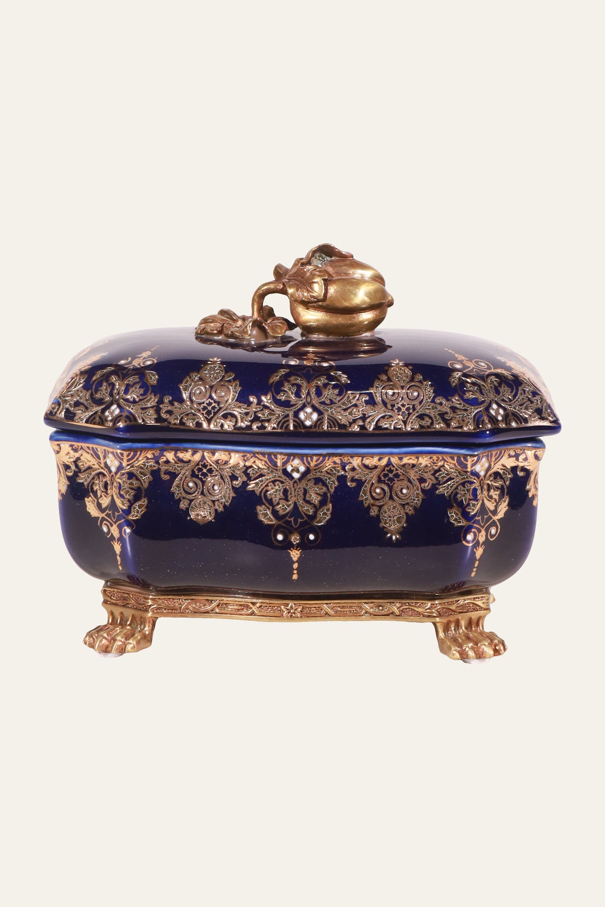 Dark Blue Porcelain Jewelry Casket Box with Fruit Finial