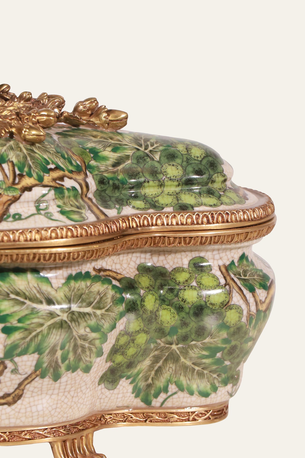 Handpainted Green Grapevine Storage Box with Sculpted Trim
