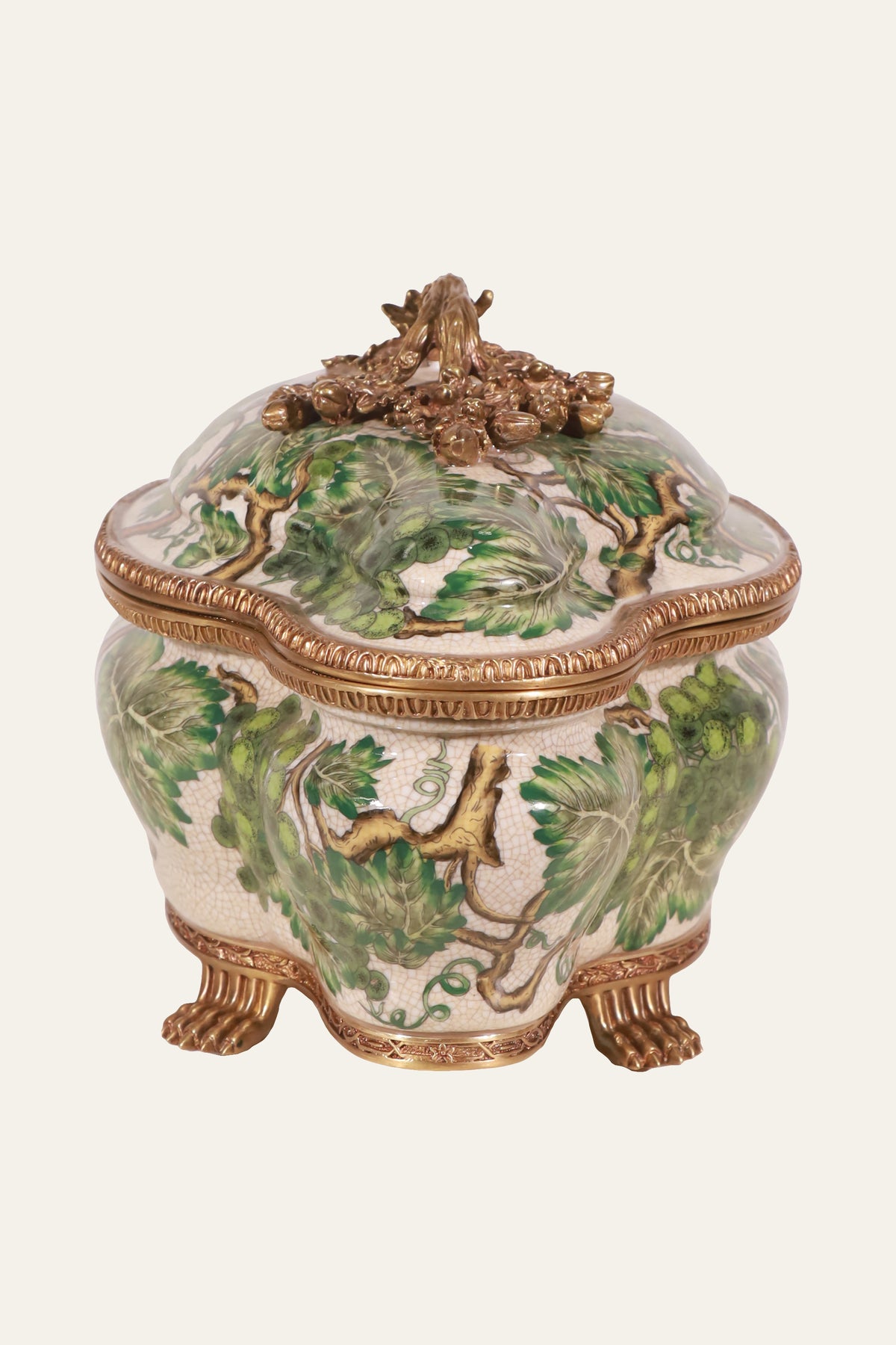 Handpainted Green Grapevine Storage Box with Sculpted Trim