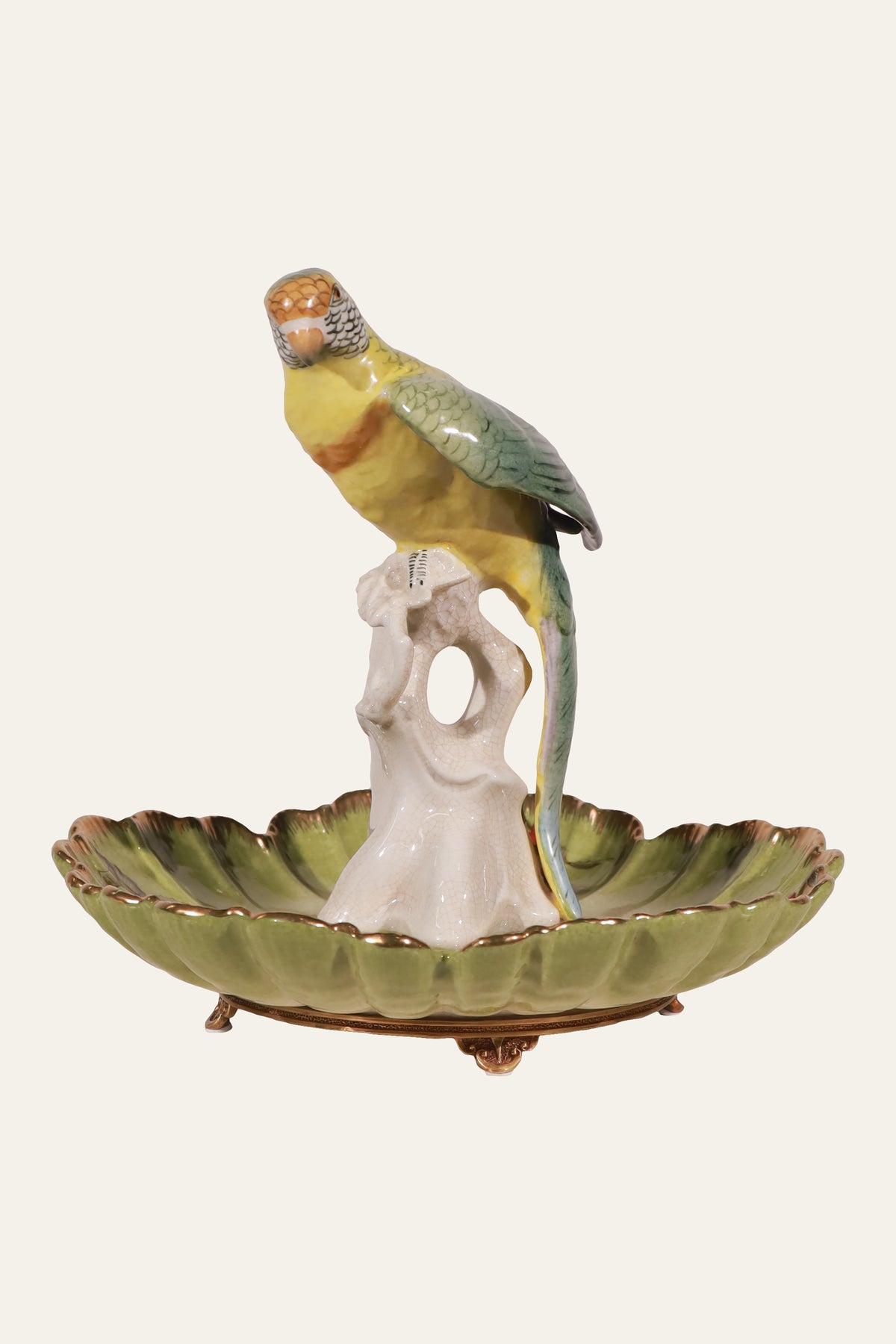 Porcelain Yellow Parrot on Tree Trunk Centerpiece Bowl for Coffee Tables