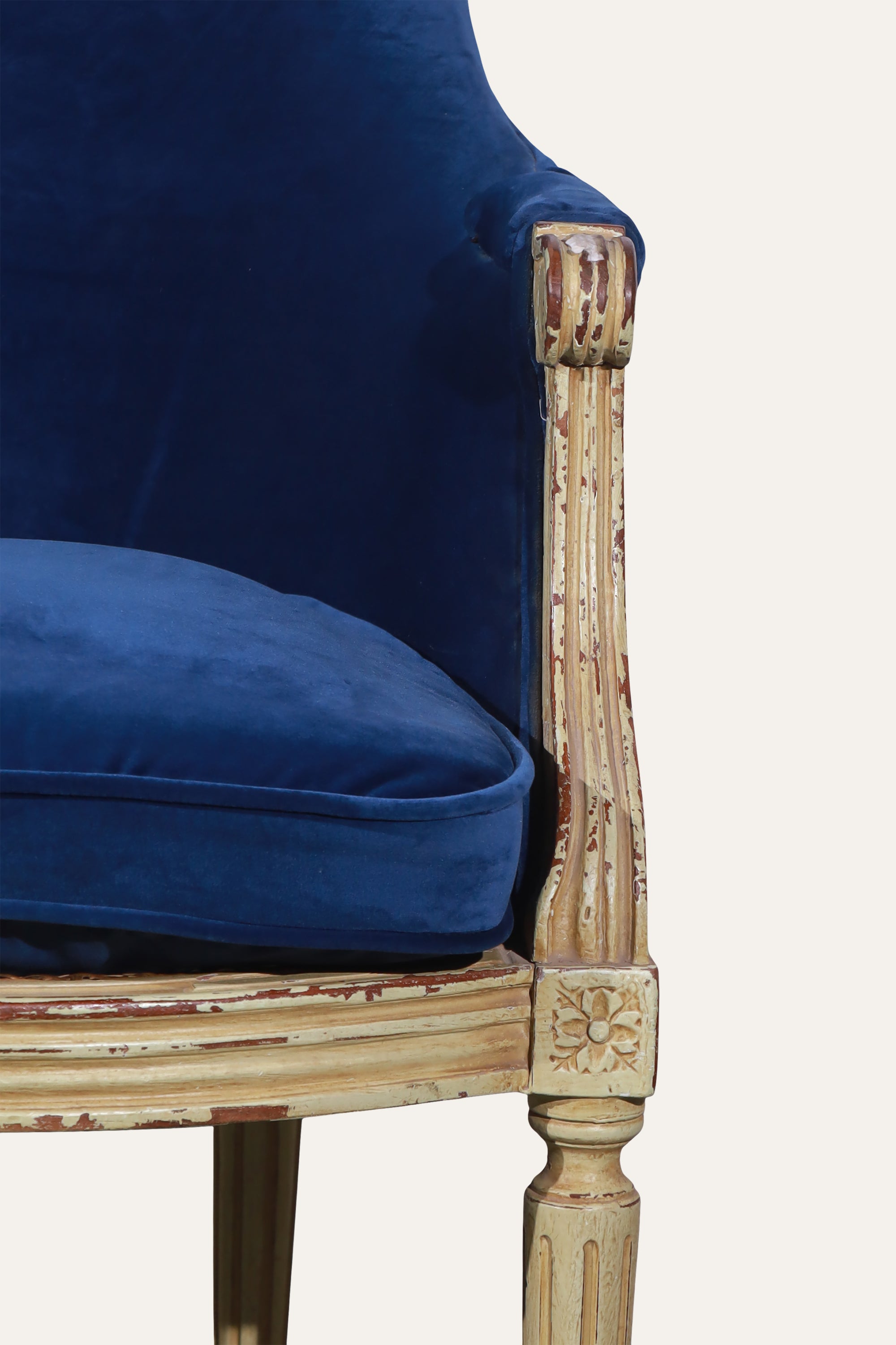 Royal Blue Velvet Armchair with Cane Backrest & Carved Wood Frame