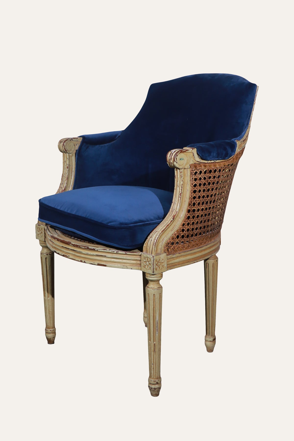 Royal Blue Velvet Armchair with Cane Backrest & Carved Wood Frame