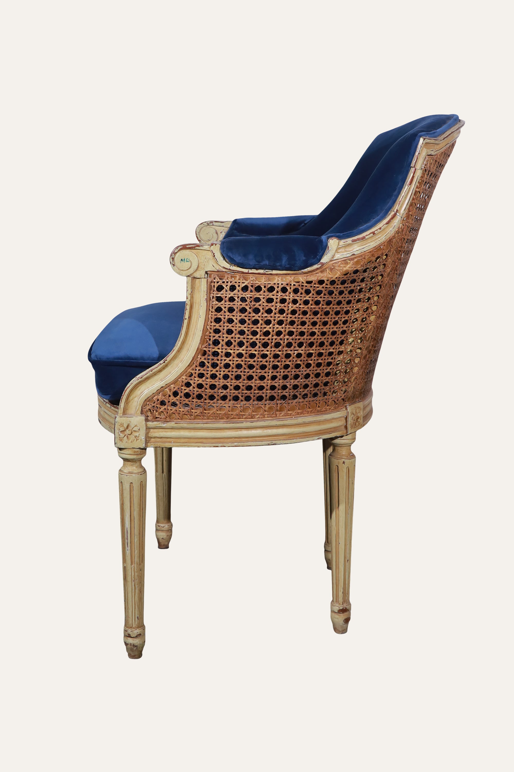 Royal Blue Velvet Armchair with Cane Backrest & Carved Wood Frame