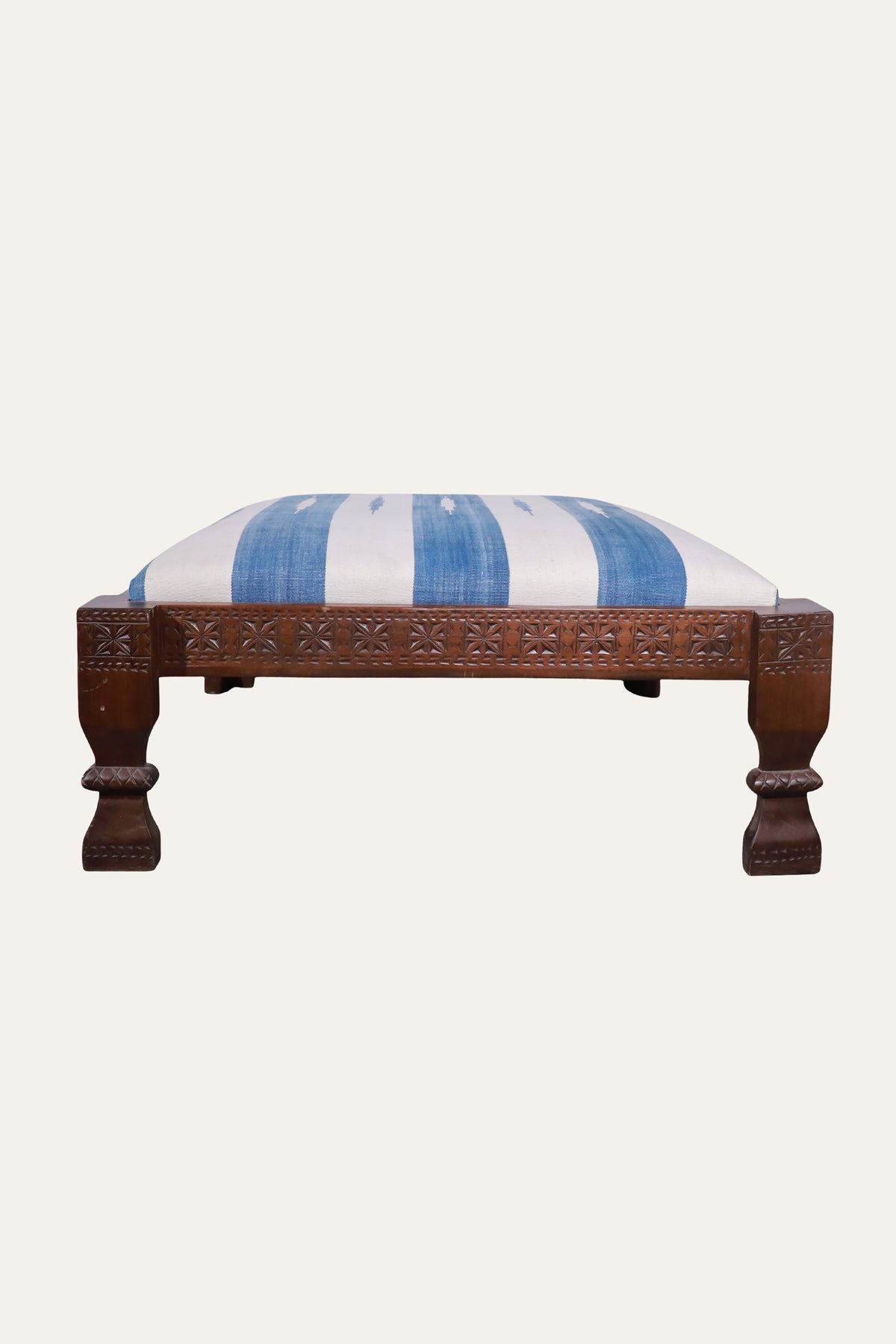 Handwoven Dhurrie Upholstered Carved Wooden Ottoman for Living Areas