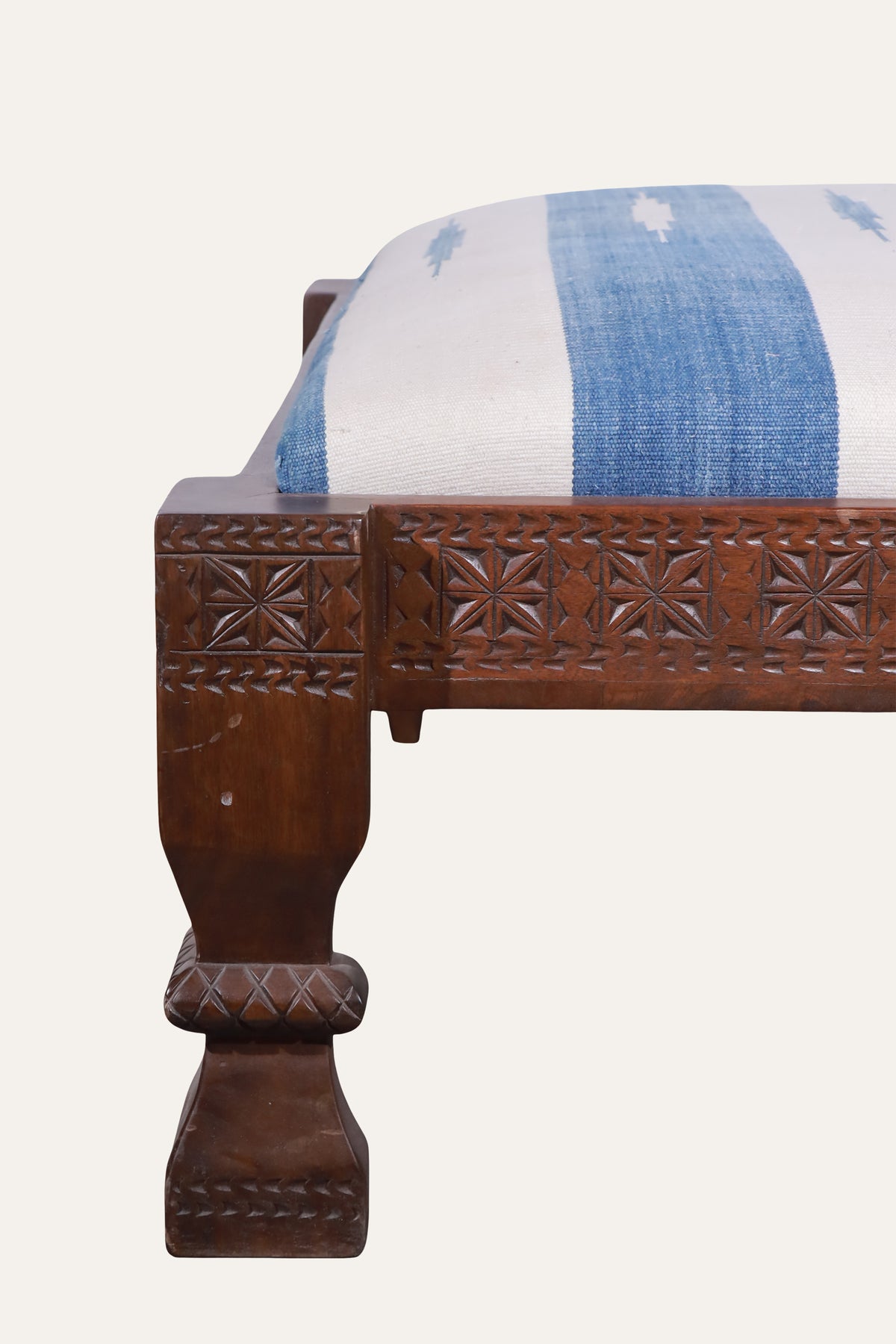 Handwoven Dhurrie Upholstered Carved Wooden Ottoman for Living Areas