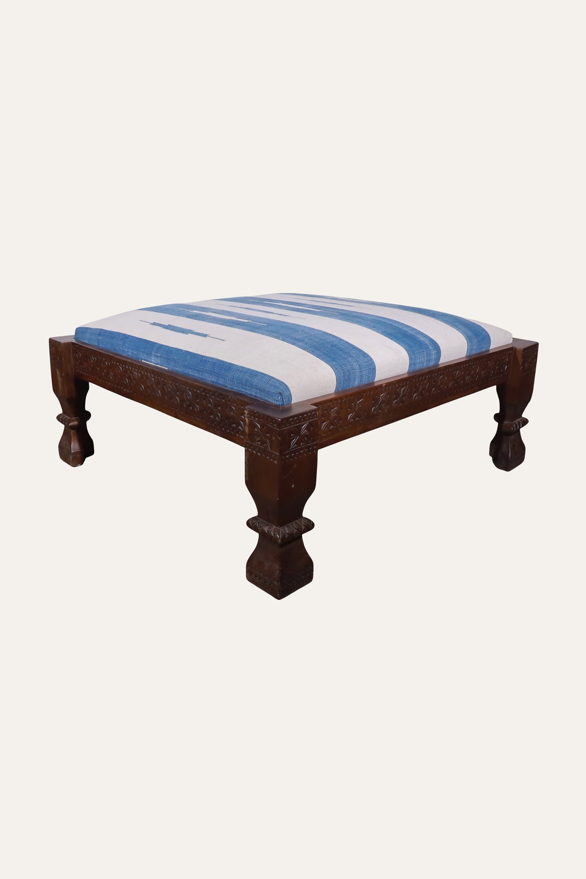 Handwoven Dhurrie Upholstered Carved Wooden Ottoman for Living Areas