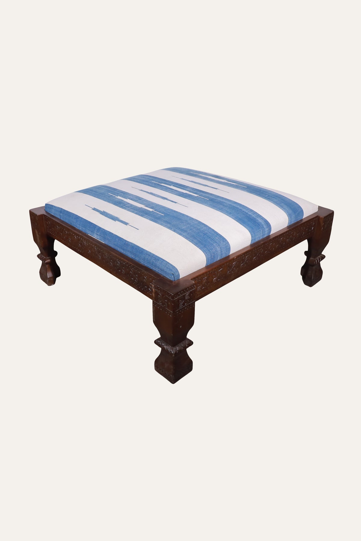 Handwoven Dhurrie Upholstered Carved Wooden Ottoman for Living Areas