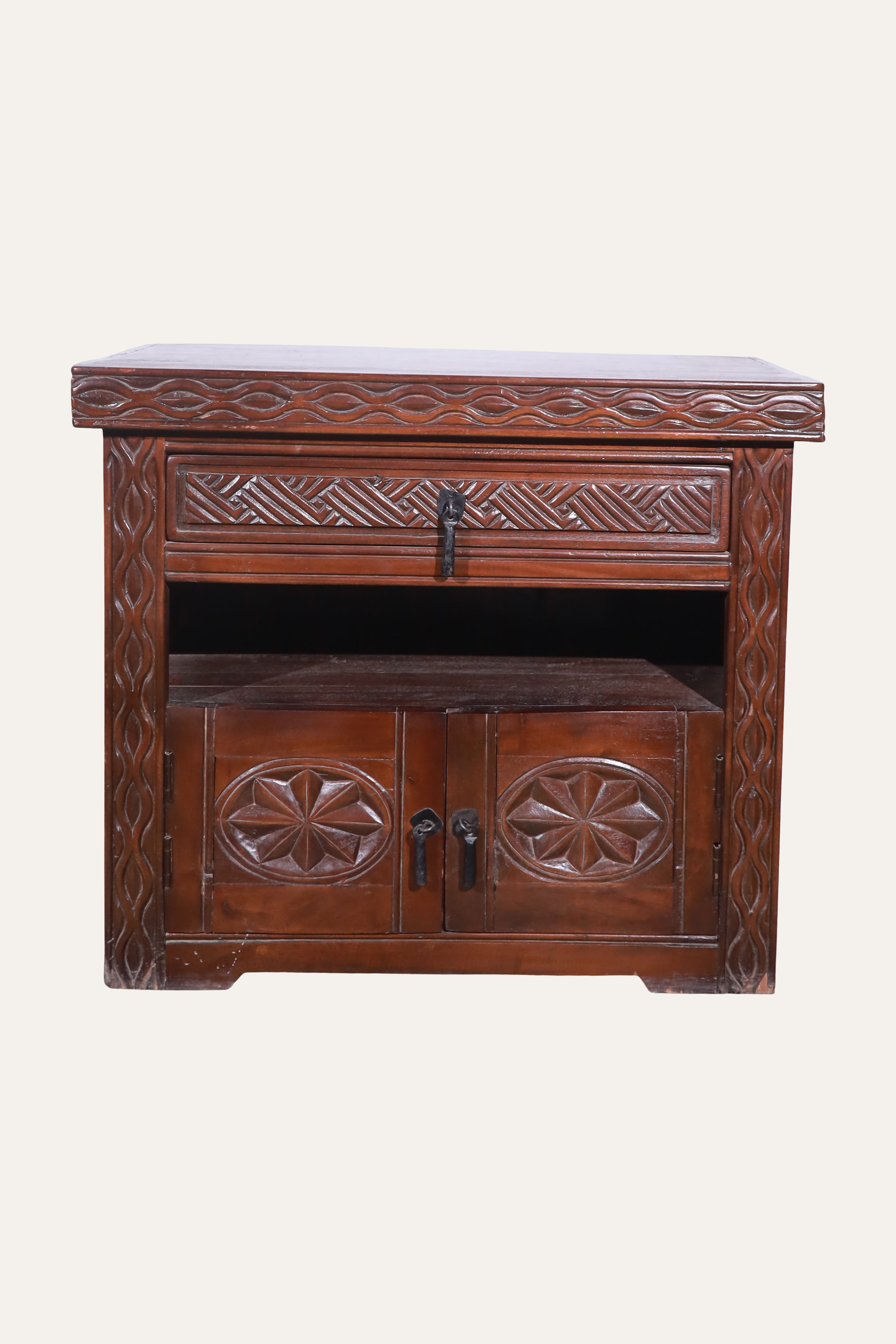 Hand-Carved Indian Traditional Style 1-Drawer Bedside Table with Cabinet Storage