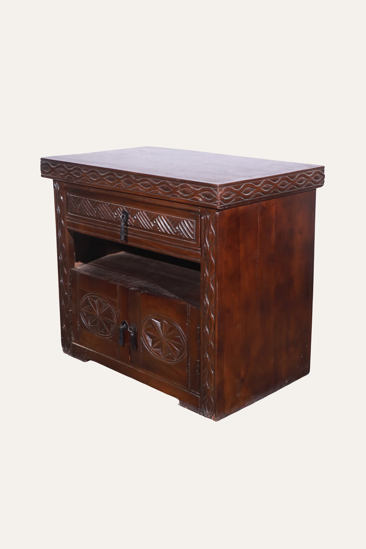 Hand-Carved Indian Traditional Style 1-Drawer Bedside Table with Cabinet Storage