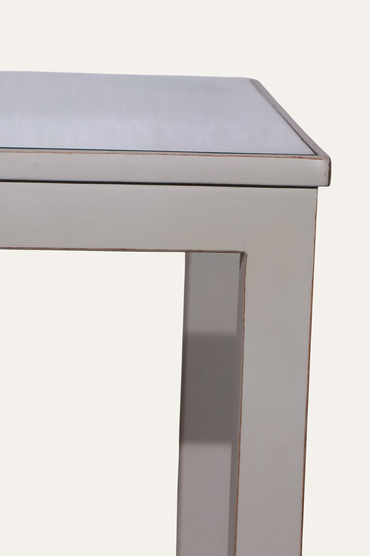 Light Taupe Wooden Side Table with Glass Top & Slatted Lower Shelf