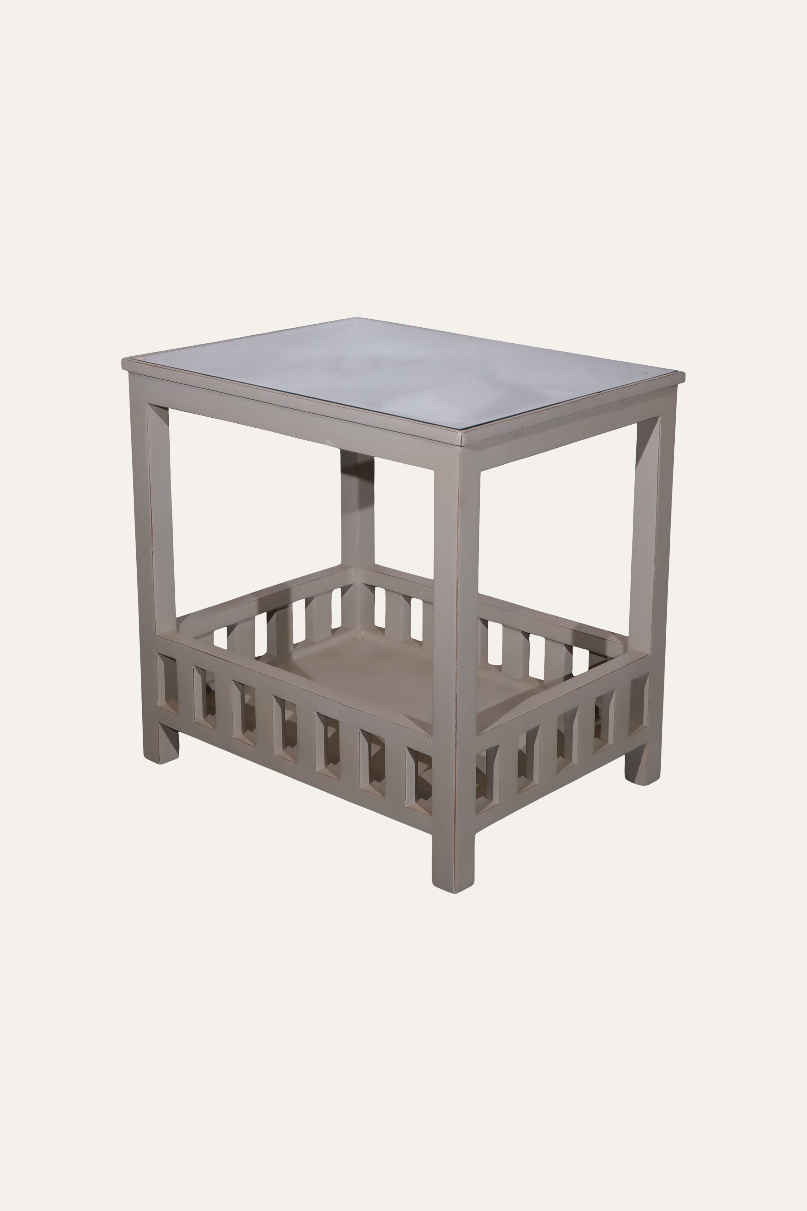 Light Taupe Wooden Side Table with Glass Top & Slatted Lower Shelf