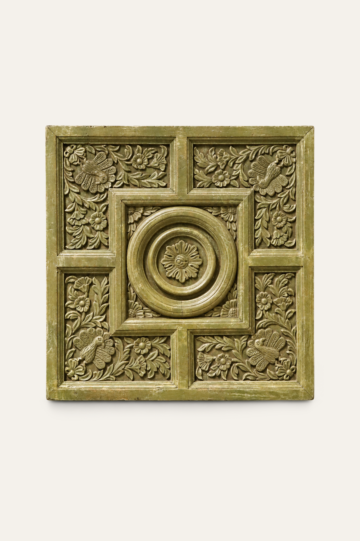 Square Floral Motif Carved Wall Panel for Living Rooms in Distress Green