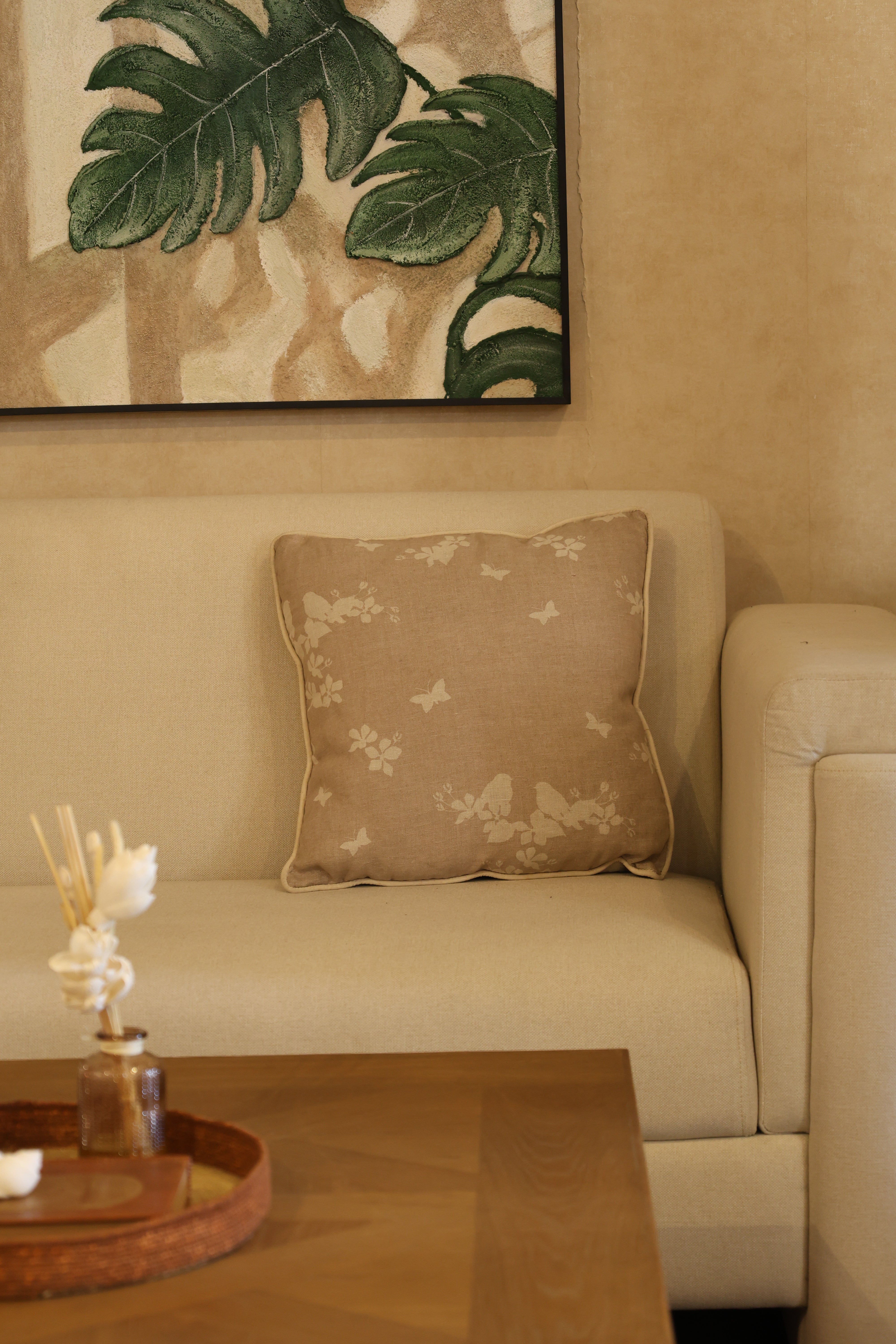 Khaki Floral Print Cotton Cushion