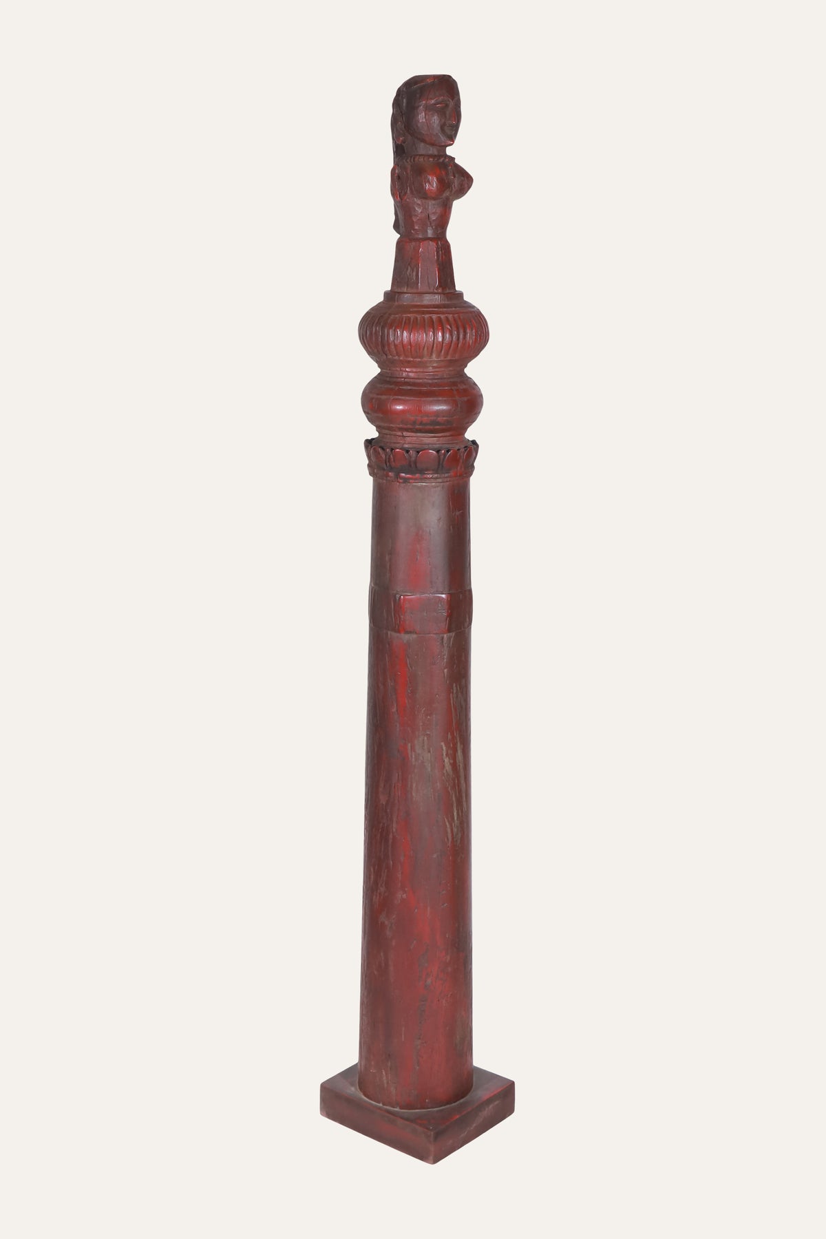 Terracotta-Red Wooden Female Figurine on Architectural Column