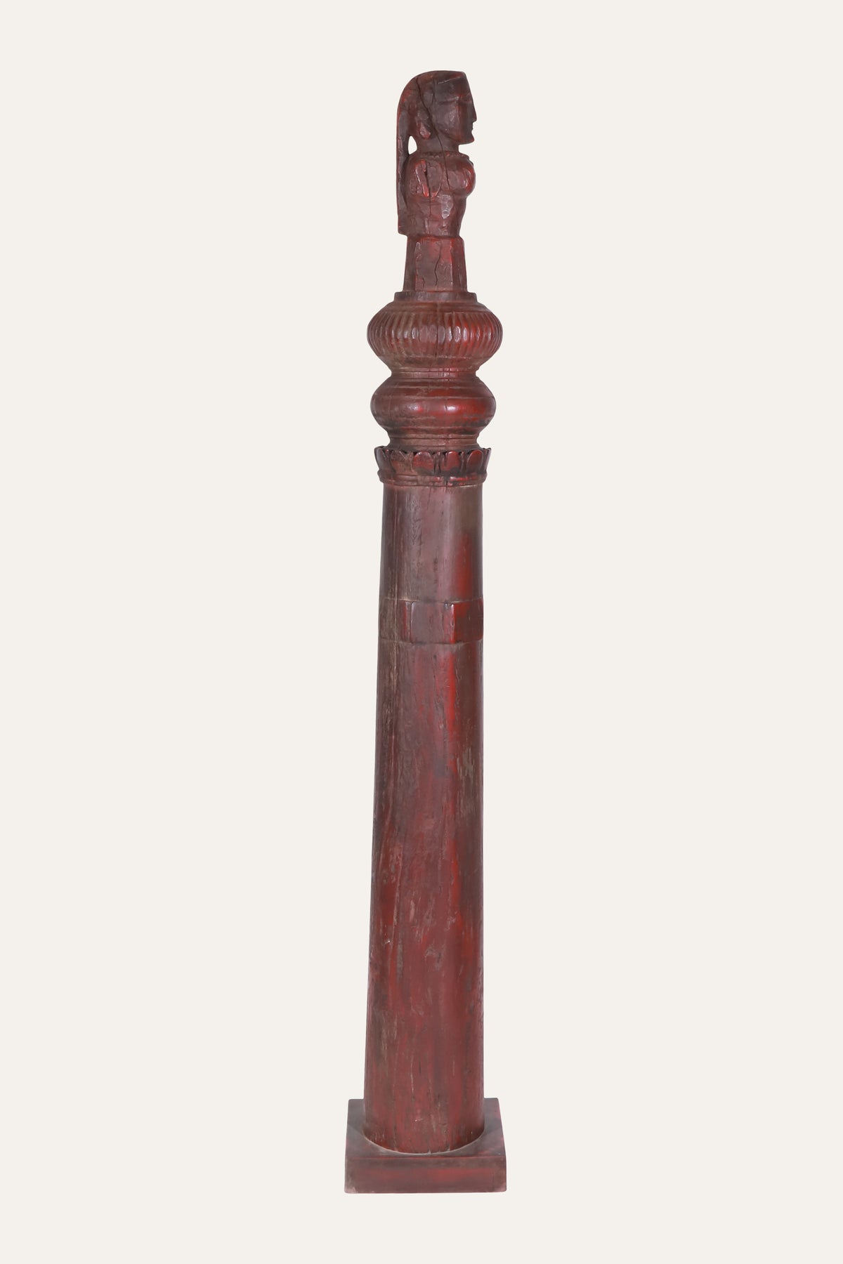 Terracotta-Red Wooden Female Figurine on Architectural Column