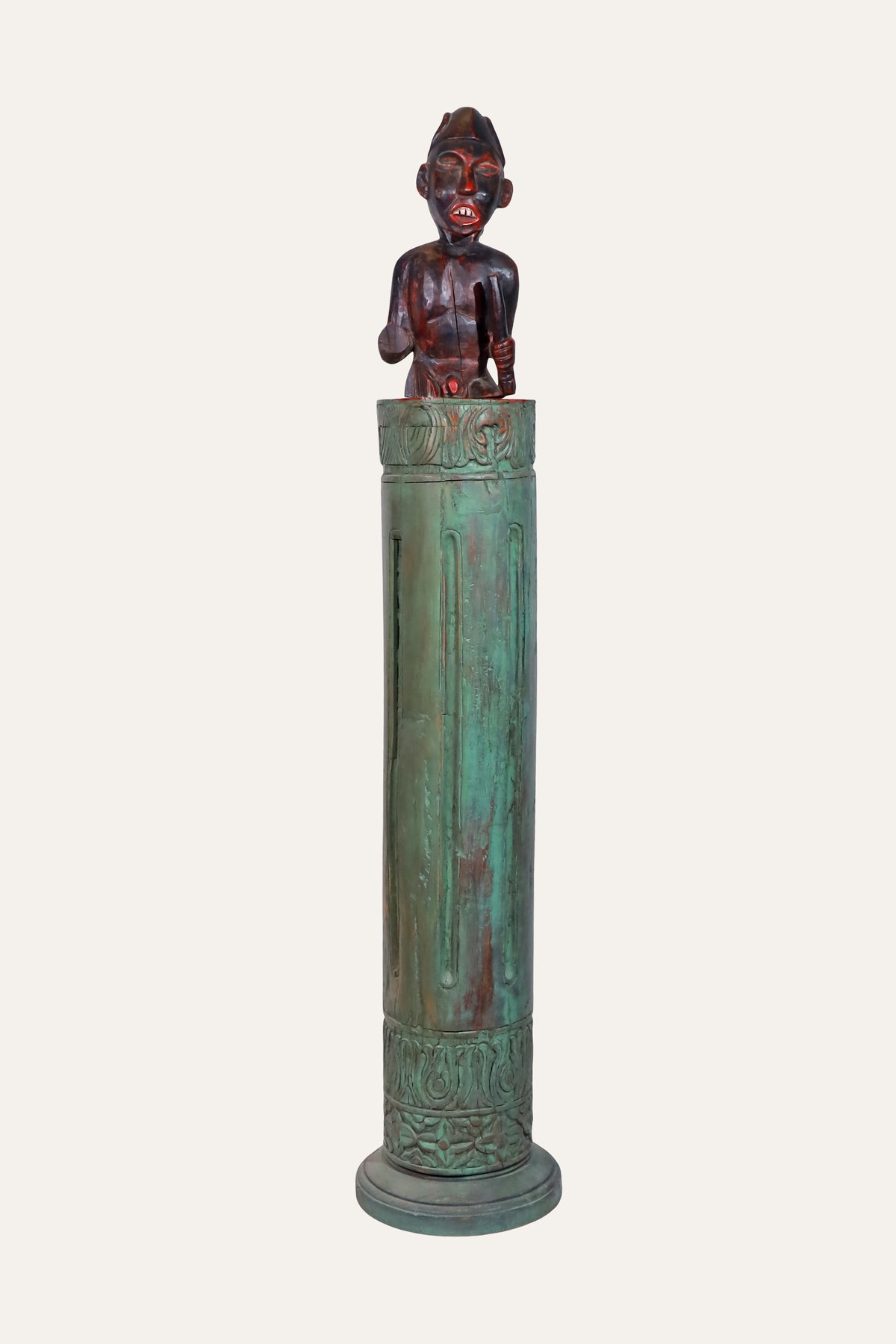 Carved Wooden Ancestral Figure on Verdigris Green Column