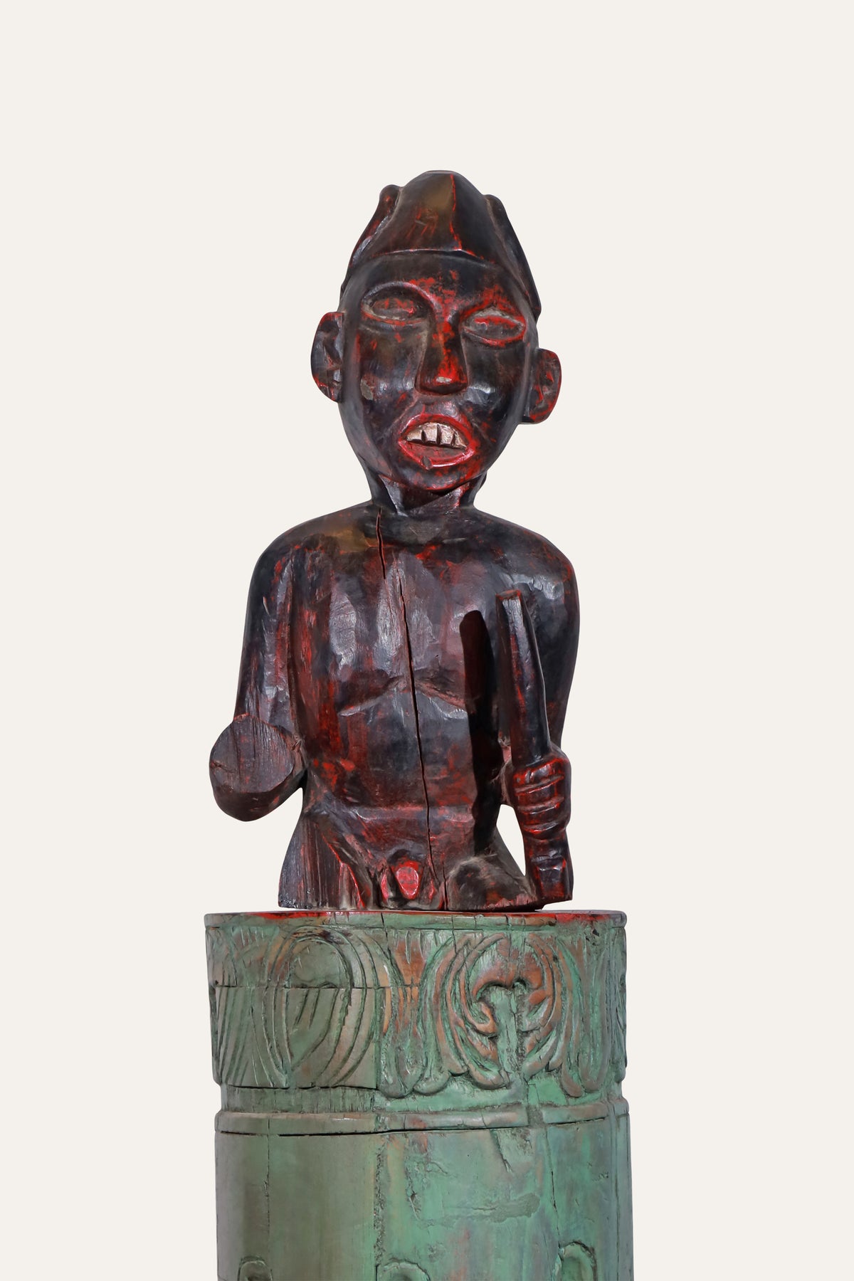 Carved Wooden Ancestral Figure on Verdigris Green Column