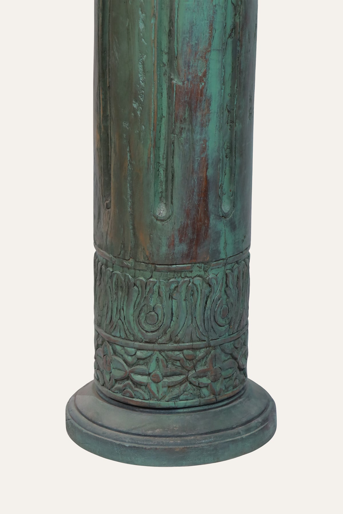 Carved Wooden Ancestral Figure on Verdigris Green Column