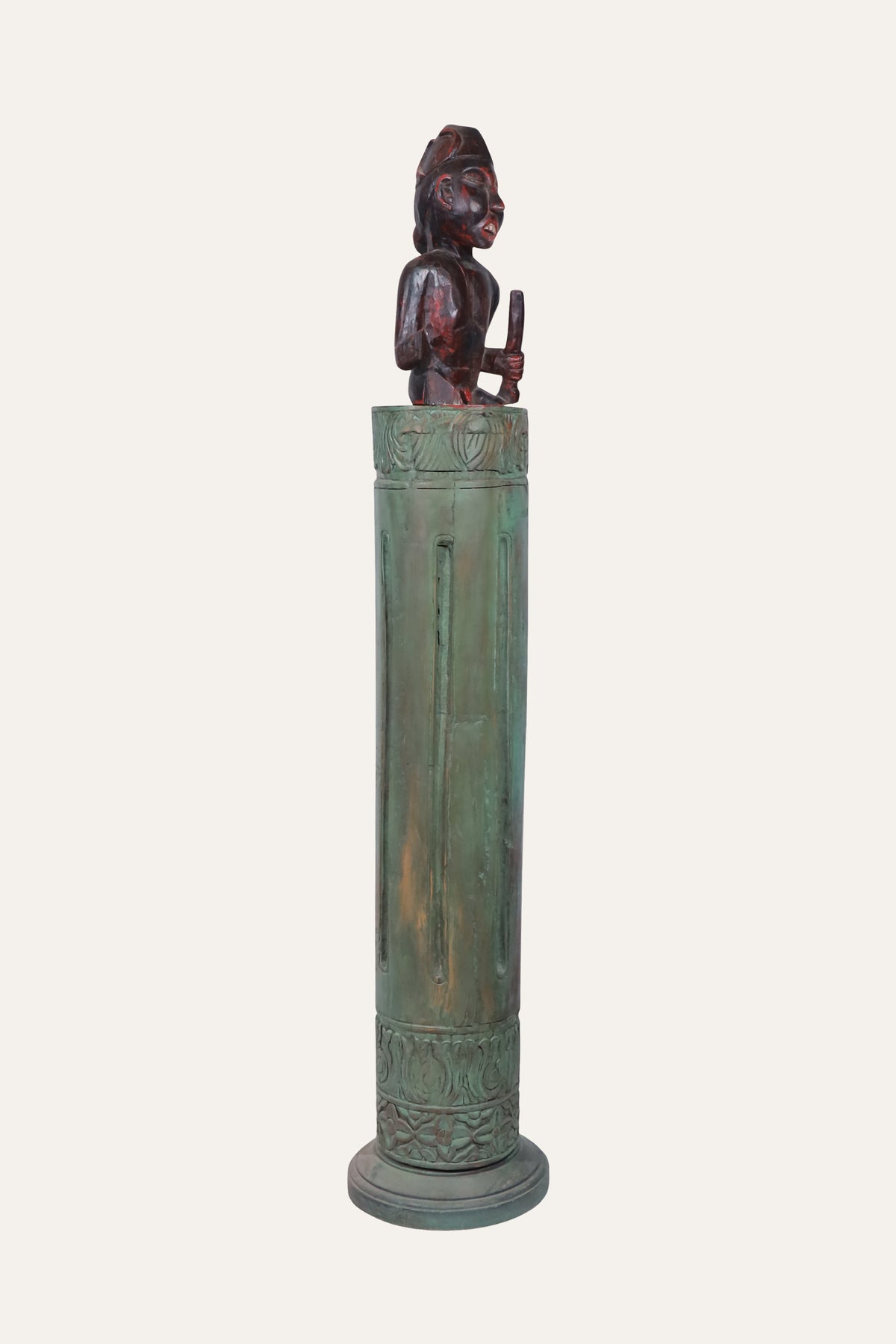 Carved Wooden Ancestral Figure on Verdigris Green Column