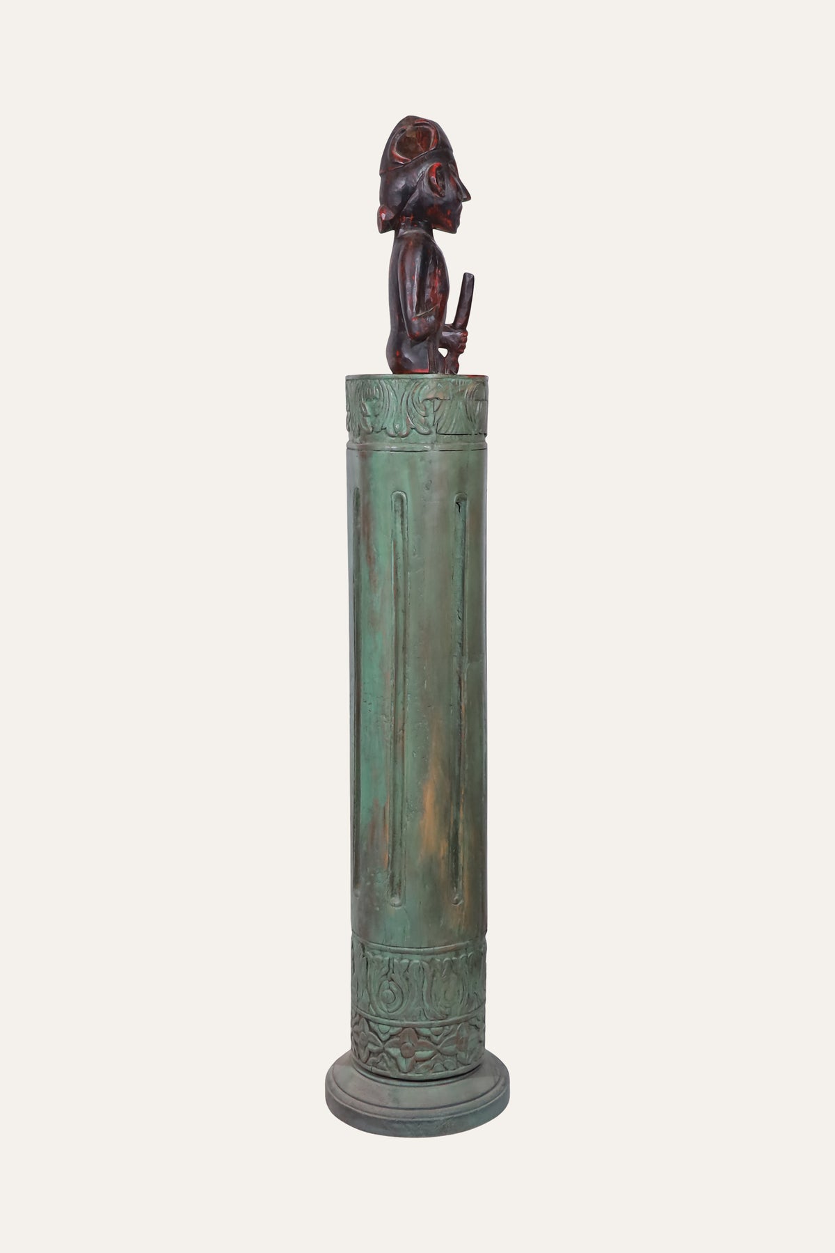 Carved Wooden Ancestral Figure on Verdigris Green Column
