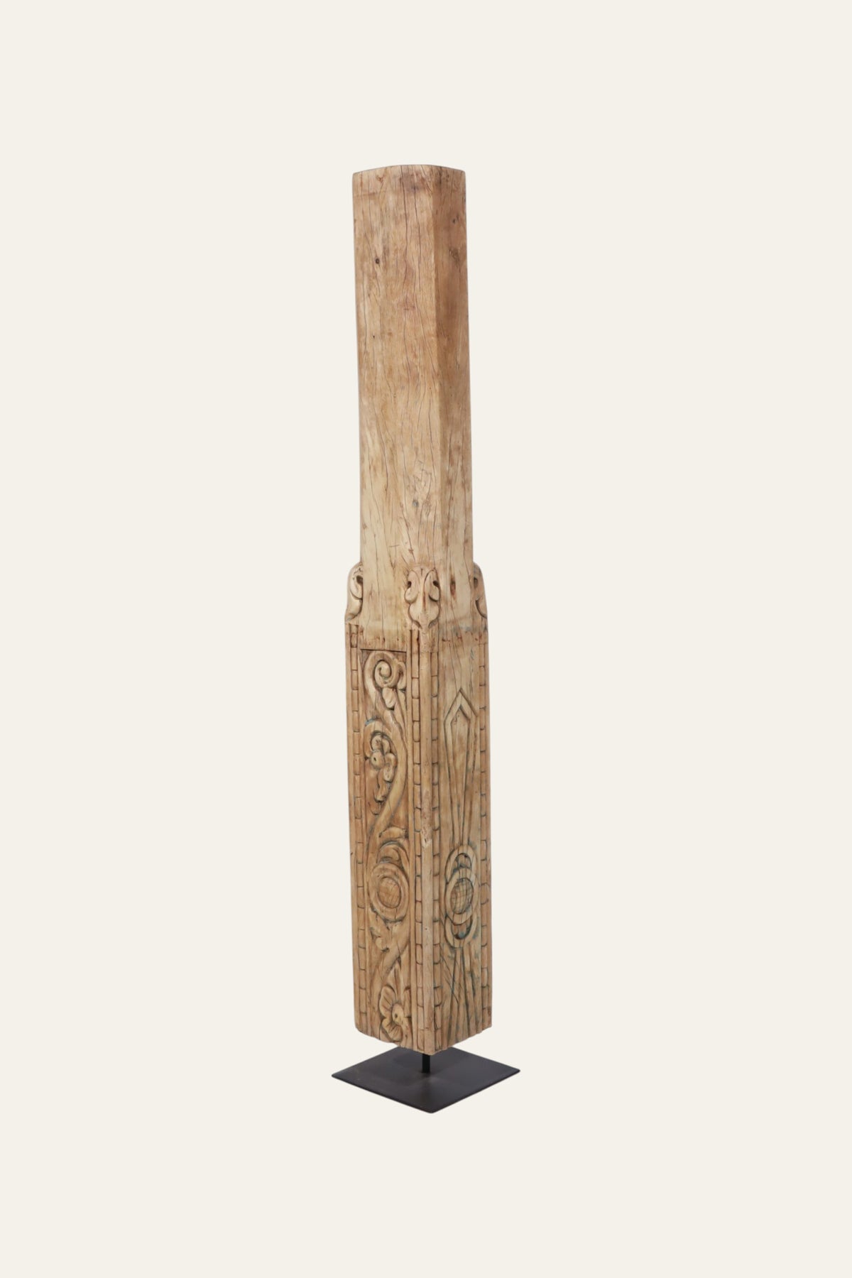 Hand-Carved Wood Pillar on Metal Stand