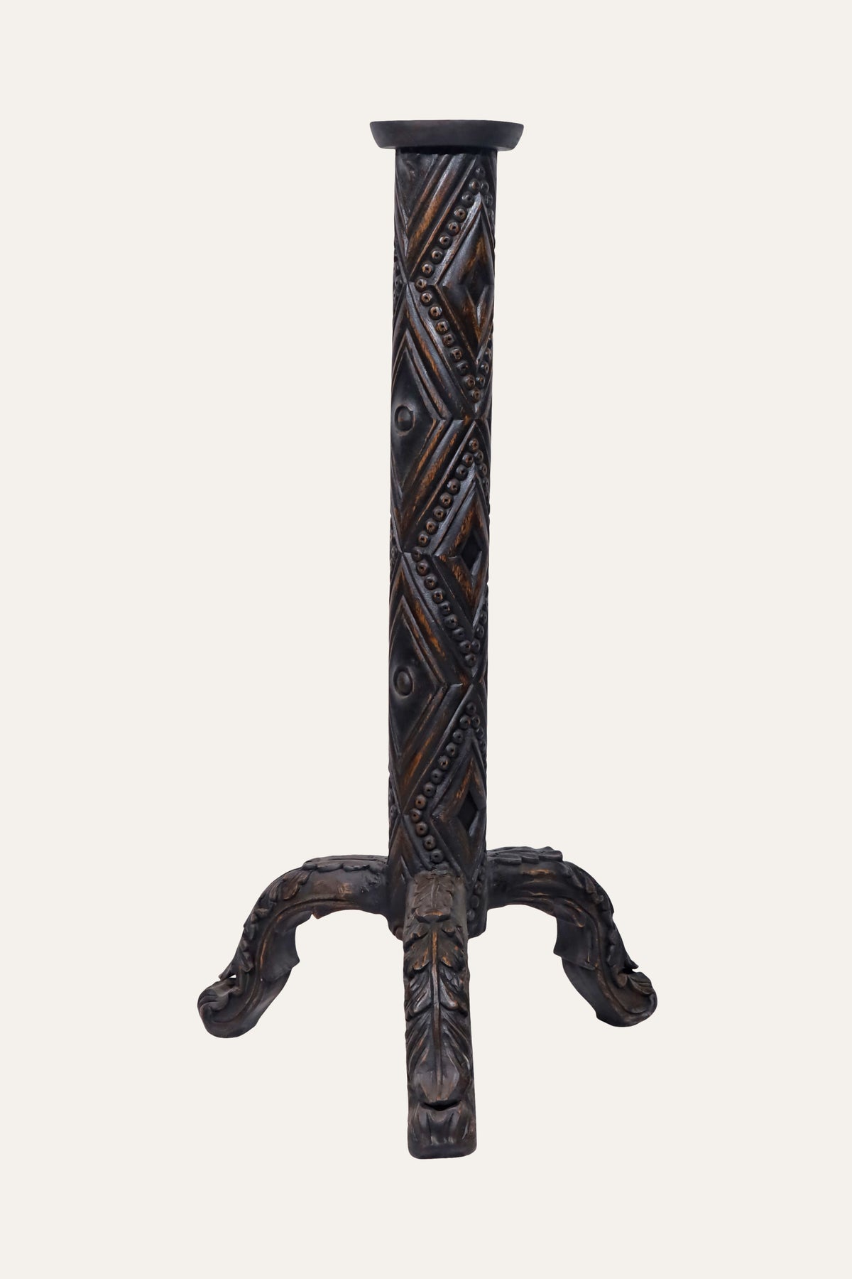 Carved Floor Candle Holder with Tripod Scroll Base