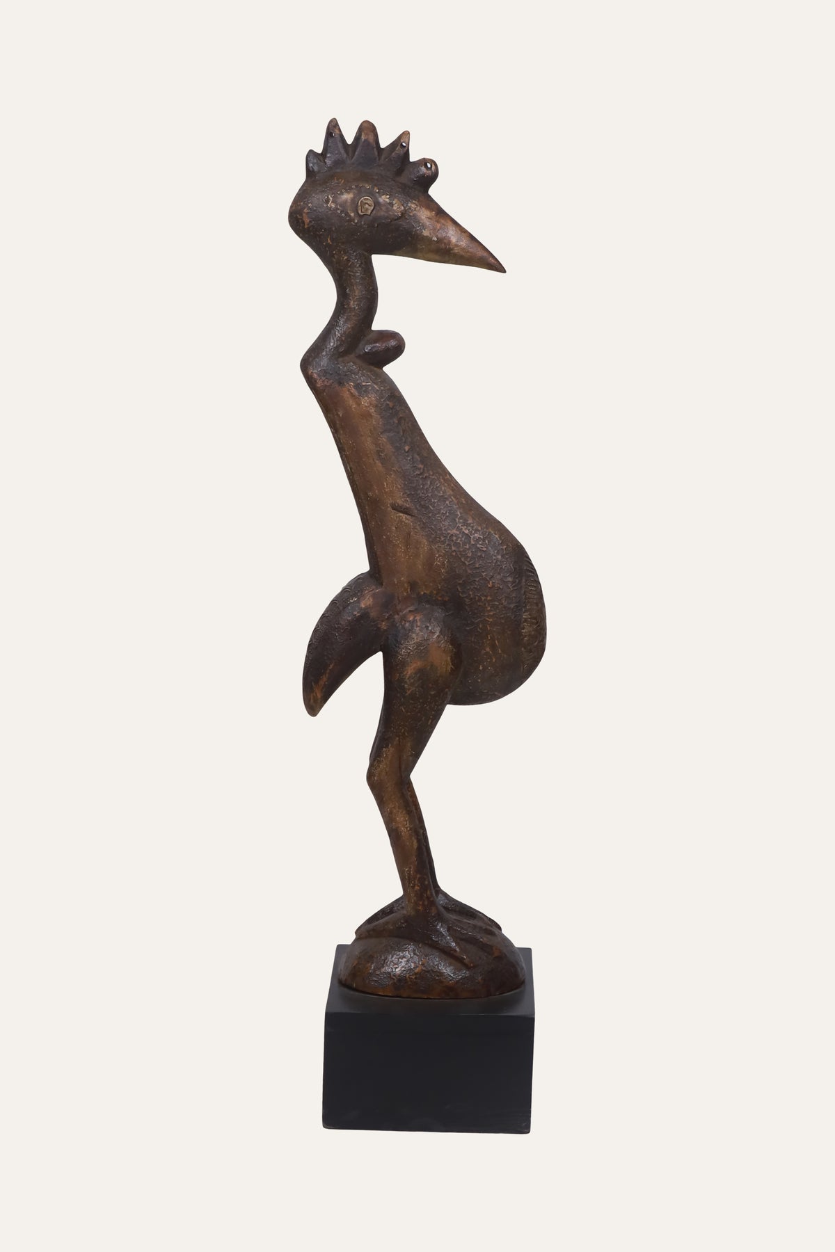 Carved African Senufo Bird Sculpture on Black Display Base